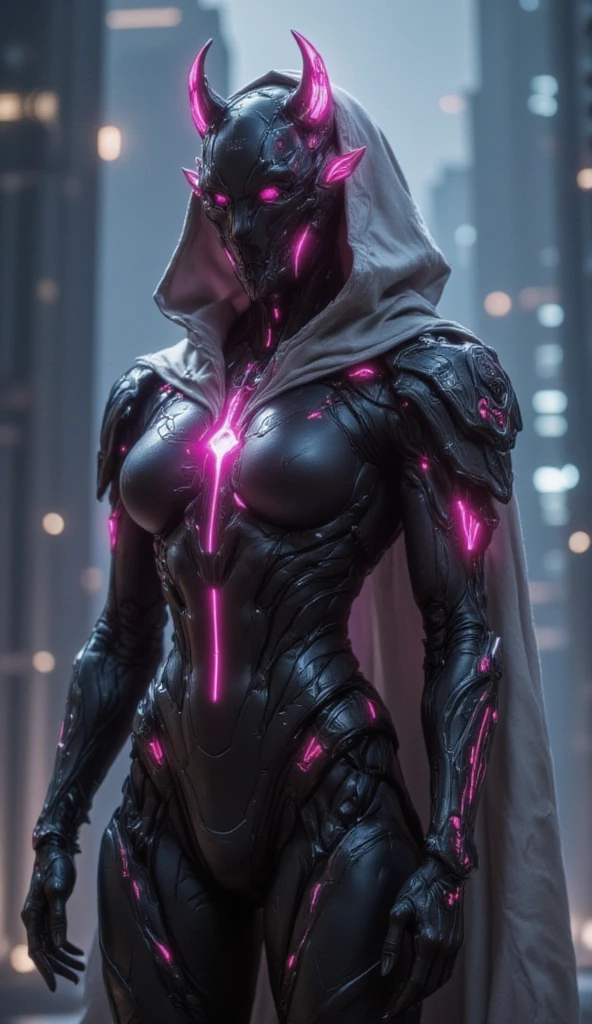 Warframe stands at the forefront of a dystopian metropolis, an exemplary embodiment of cutting-edge artificial intelligence and biomechanical engineering. The humanoid cyborg's sleek, aerodynamic physique is accentuated by a luminous exoskeleton, its surface adorned with vibrant pink neon accents that pulse with an otherworldly energy.

A hooded, silver-white cloak flows behind her, its edges intricately embroidered with cryptic symbols that seem to shimmer in the dim light of the city's towering skyscrapers. Her helmet, a gleaming, featureless visage, is crowned by two delicate, crimson-tipped horns that seem to defy the conventions of traditional cybernetic design.

As the Warframe's gaze falls upon the viewer, the air around her appears to ripple and distort, as if reality itself is being warped by the sheer presence of this advanced being. Her very essence seems to embody the fusion of human ingenuity and technological prowess, a testament to the boundless potential of a future where humanity and machine coexist in perfect harmony.