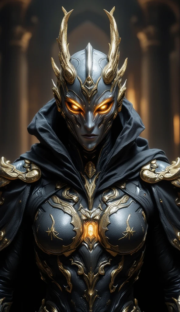 full body, a formidable sentinel of ancient lore: Warframe. Clad in resplendent silver and black armor, adorned with intricate golden filigree and ornate engravings, this armored warrior exudes an aura of unyielding protection and unrelenting power. The visage of Warframe is obscured by a helmet of gleaming silver, its surface etched with the subtle lines of a noble crest, while two golden horns protrude from the forehead, evoking the majesty of a bygone era. Two piercing eyes, aglow with an otherworldly energy, burn with an intense, fiery light, illuminating the dark recesses of the surroundings. A dark, billowing cloak, embroidered with the symbols of a long-forgotten order, is draped across Warframe's broad shoulders, billowing behind them like a dark cloud. As the light catches the armor's polished surface, it seems to shimmer and dance, as if infused with the very essence of the elements. In this moment, Warframe stands as a testament to the unyielding spirit of a bygone age, a guardian of the past, and a champion of the present.