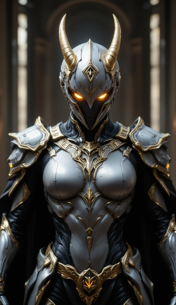 full body, a formidable sentinel of ancient lore: Warframe. Clad in resplendent silver and black armor, adorned with intricate golden filigree and ornate engravings, this armored warrior exudes an aura of unyielding protection and unrelenting power. The visage of Warframe is obscured by a helmet of gleaming silver, its surface etched with the subtle lines of a noble crest, while two golden horns protrude from the forehead, evoking the majesty of a bygone era. Two piercing eyes, aglow with an otherworldly energy, burn with an intense, fiery light, illuminating the dark recesses of the surroundings. A dark, billowing cloak, embroidered with the symbols of a long-forgotten order, is draped across Warframe's broad shoulders, billowing behind them like a dark cloud. As the light catches the armor's polished surface, it seems to shimmer and dance, as if infused with the very essence of the elements. In this moment, Warframe stands as a testament to the unyielding spirit of a bygone age, a guardian of the past, and a champion of the present.