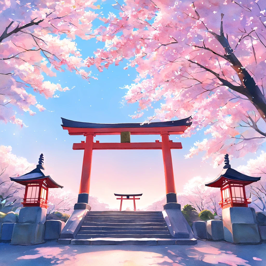 (( pastel、   Watercolor Style   ))、 The background is a clear blue sky,   Moderate Blur   ,   sparkle,nature, Illuminations、　shrine,torii、cherry blossoms、満開のcherry blossoms、