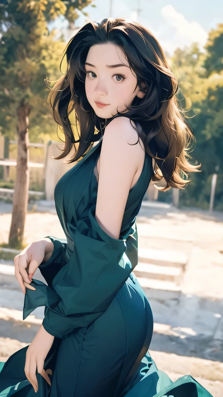 ((((highest quality))))、(((Ultra-precision CG16K wallpaper)))、(((masterpiece)))、(((Super detailed)))、(((Extreme detail)))、((１Mature 29 year old woman:1.6))、((Very beautiful Japanese faces))、((Kitagawa Keiko:1.5))、((Straight medium hair、blunt bangs:1.5))、(Shiny brown hair)、Beautiful brown eyes、Clearly defined pupils and whites of the eyes、eyeliner、eye shadow、High nose、Small nostrils、Small Mouth、Seductive lips、Beautiful breasts、((C cup size breasts))、Cleavage、Beautiful feet、eight-headed body、Perfect proportions、Perfect Anatomy、Perfect composition、Beautiful detailed shading、Beautiful, natural lighting、Beautiful detail glow、Depth of written boundary、(((High chroma)))、(((Real:1.9)))、((vivid:1.5))、((Beautiful Skin))、((Skin Texture))、((Realな皮膚感))、(((Cowboy Shot:1.6)))、((Front view、shoot from front、Front low angle:1.6))、(((smile:1.6)))、((The woman is looking at this、looking at viewer、Facing forward:1.6))、Bright daylight、Natural light、(((Grass Square、Trees:1.5)))、(Fashion model pose:1.6)、(((Mint green floral sleeveless mini dress with slit and belt:1.6)))、((Earrings、Wearing a necklace:1.3))、((Knee-high socks:1.3))、