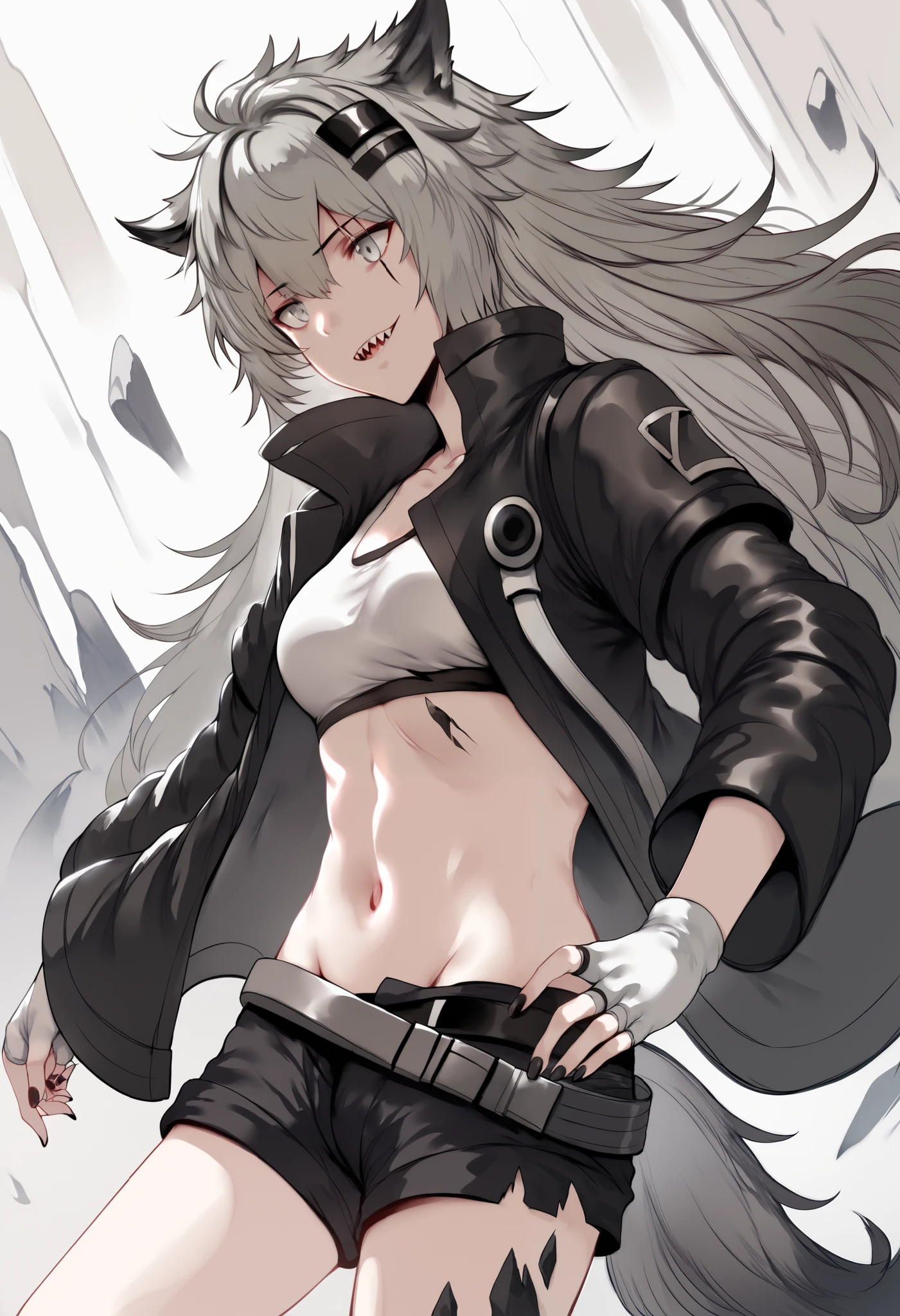 Hews style, lldef, grey eyes, scar across eye, scar on face, wolf ears, grey hair, hair between eyes, long hair, hair ornament, hairclip, sharp teeth, wolf tail, black nails, nail polish, oripathy lesion \(arknights\), tube top, black jacket, open jacket, long sleeves, fingerless gloves, white gloves, belt, black belt, midriff, black shorts, short shorts