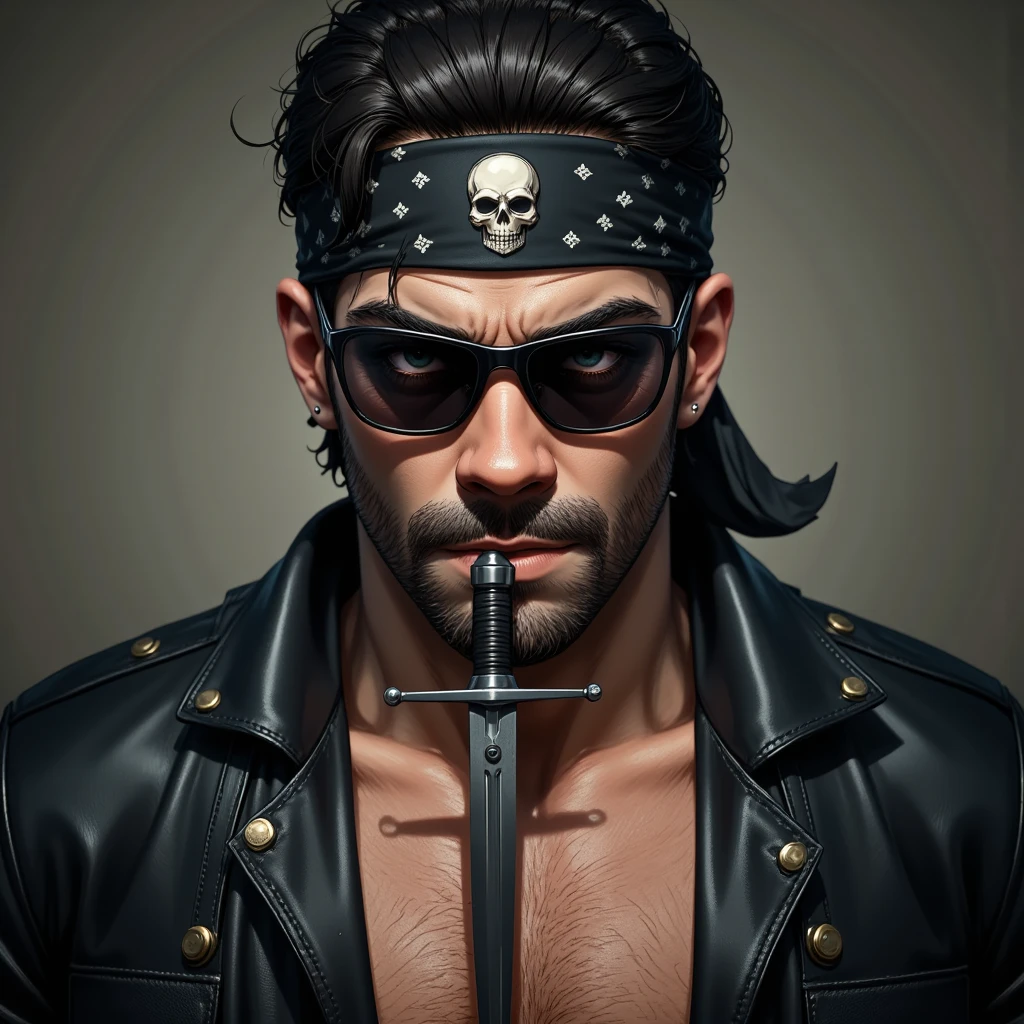 ((Masterpiece)), (ultra-detailed), (photo-realistic), (8k resolution), A **portrait photo** of a **badass man** wearing an **open-button black leather jacket**, a **bandana with a skull ornament**, and **black sunglasses**. He grips a **dagger in his mouth** with a **serious and intense expression**, his **face highly detailed**, showcasing realistic **skin pores** and rugged facial textures. The shot is a **cinematic close-up**, with dramatic **lighting** that casts sharp shadows, enhancing his fierce and unapologetic attitude. The background is minimal and slightly blurred, ensuring the focus remains entirely on his commanding presence. **(badass male, leather jacket, cinematic portrait, detailed face, intense expression, 8k ultra-quality)**. 