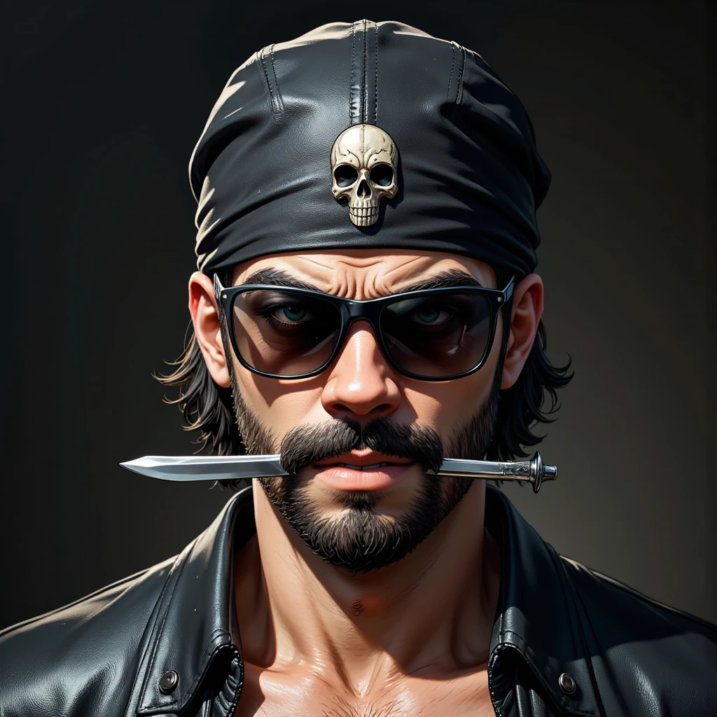 ((Masterpiece)), (ultra-detailed), (photo-realistic), (8k resolution), A **portrait photo** of a **badass man** wearing an **open-button black leather jacket**, a **bandana with a skull ornament**, and **black sunglasses**. He grips a **dagger in his mouth** with a **serious and intense expression**, his **face highly detailed**, showcasing realistic **skin pores** and rugged facial textures. The shot is a **cinematic close-up**, with dramatic **lighting** that casts sharp shadows, enhancing his fierce and unapologetic attitude. The background is minimal and slightly blurred, ensuring the focus remains entirely on his commanding presence. **(badass male, leather jacket, cinematic portrait, detailed face, intense expression, 8k ultra-quality)**. 