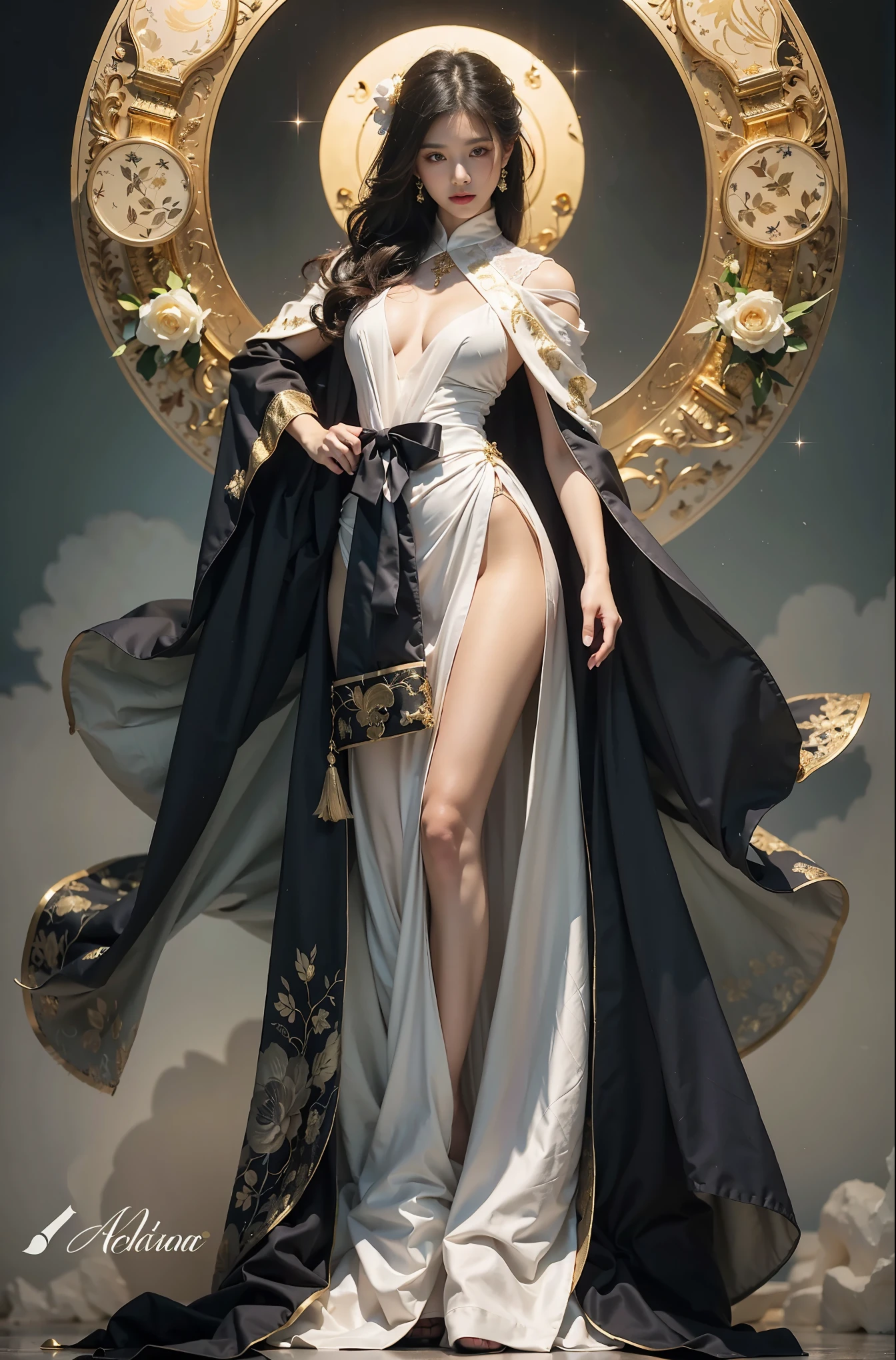 (ultra-detailed, photorealistic, best quality, 4k, 8k, highres, masterpiece:1.3), Empress Xifeng, also known as The Eternal Flame, , She is depicted as an ethereal beauty, flawless porcelain skin, long flowin black hair, eyes are a mesmerizing shade of amethyst, reflecting both wisdom and mystery, wearing a Top: An exquisite gown made from the finest silks, adorned with intricate embroidery and precious jewels in shades of gold, red, and purple, Accessories: An elaborate headdress featuring phoenix motifs and precious stones, Background: Elements of the imperial palace with grand pillars, opulent tapestries, and a majestic throne, The atmosphere is serene and majestic, emphasizing her divine beauty and wisdom, (((intricate detail, super finely detailed hands, ultra finely detailed fingers, ten fingers, standing regally, full body showcase, show full body))).