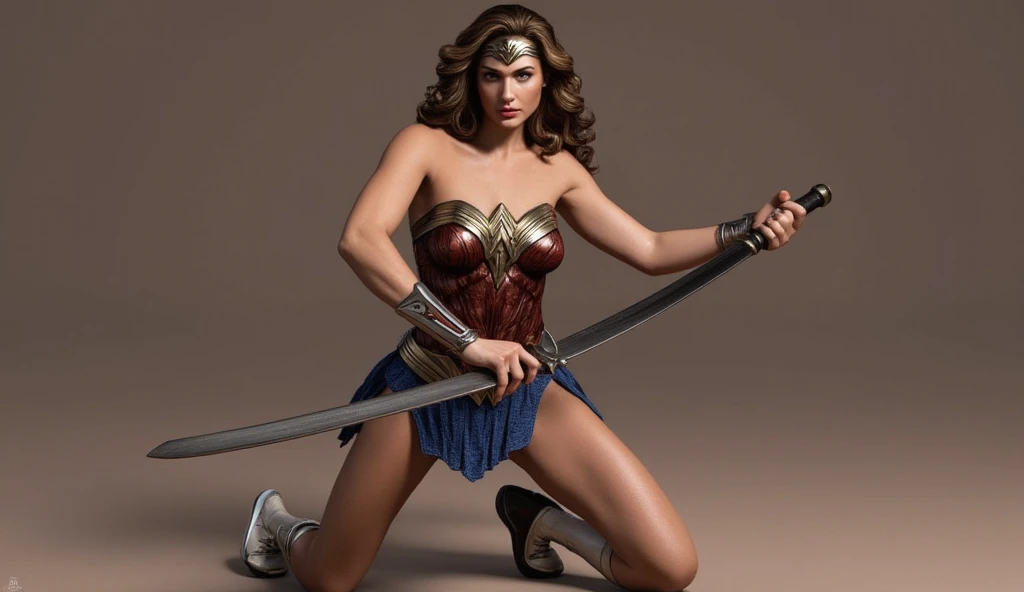 Masterpiece, Top quality, Super rendering, Super realistic, Wonder Woman highly detailed face, Clean and delicate face, Full body, Kneeling and swinging a long sword, Holding the sword anatomically correct, Single braided blonde ponytail, Parted bangs, Forehead, Wearing a tank top and a folded mini skirt, Bare ass, Open legs, Sleeveless, Black stockings, White short boots, Staring at the viewer, Simple color background