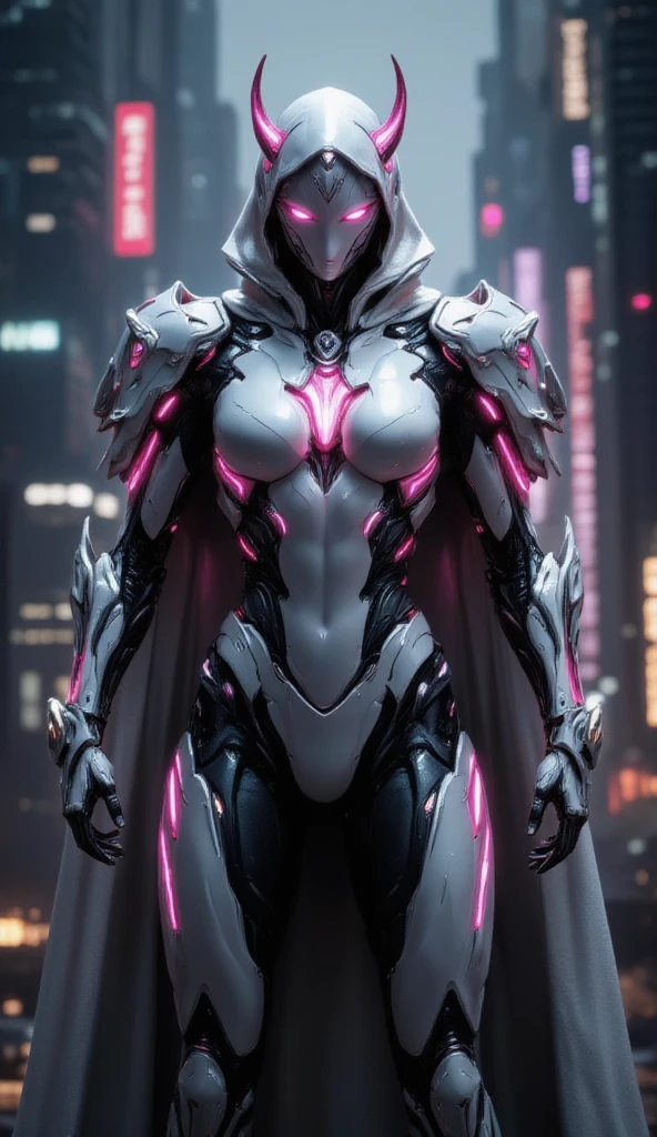 Warframe stands at the forefront of a dystopian metropolis, an exemplary embodiment of cutting-edge artificial intelligence and biomechanical engineering. The humanoid cyborg's sleek, aerodynamic physique is accentuated by a luminous exoskeleton, its surface adorned with vibrant pink neon accents that pulse with an otherworldly energy.

A hooded, silver-white cloak flows behind her, its edges intricately embroidered with cryptic symbols that seem to shimmer in the dim light of the city's towering skyscrapers. Her helmet, a gleaming, featureless visage, is crowned by two delicate, crimson-tipped horns that seem to defy the conventions of traditional cybernetic design.

As the Warframe's gaze falls upon the viewer, the air around her appears to ripple and distort, as if reality itself is being warped by the sheer presence of this advanced being. Her very essence seems to embody the fusion of human ingenuity and technological prowess, a testament to the boundless potential of a future where humanity and machine coexist in perfect harmony.