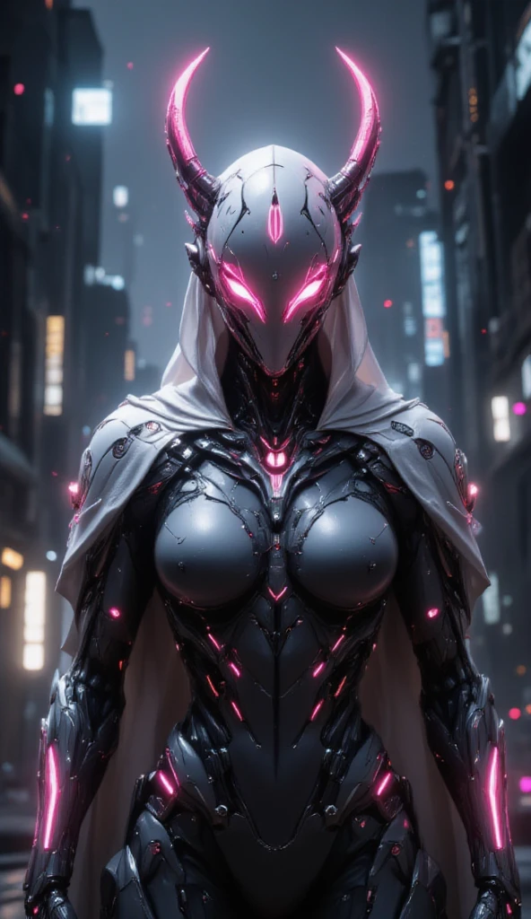 Warframe stands at the forefront of a dystopian metropolis, an exemplary embodiment of cutting-edge artificial intelligence and biomechanical engineering. The humanoid cyborg's sleek, aerodynamic physique is accentuated by a luminous exoskeleton, its surface adorned with vibrant pink neon accents that pulse with an otherworldly energy.

A hooded, silver-white cloak flows behind her, its edges intricately embroidered with cryptic symbols that seem to shimmer in the dim light of the city's towering skyscrapers. Her helmet, a gleaming, featureless visage, is crowned by two delicate, crimson-tipped horns that seem to defy the conventions of traditional cybernetic design.

As the Warframe's gaze falls upon the viewer, the air around her appears to ripple and distort, as if reality itself is being warped by the sheer presence of this advanced being. Her very essence seems to embody the fusion of human ingenuity and technological prowess, a testament to the boundless potential of a future where humanity and machine coexist in perfect harmony.