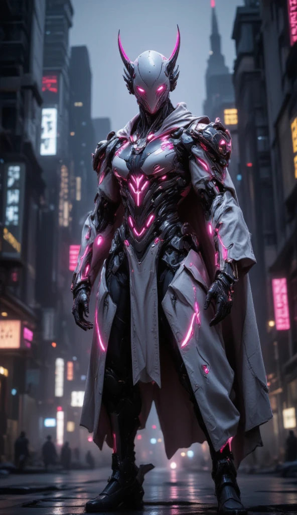 Warframe stands at the forefront of a dystopian metropolis, an exemplary embodiment of cutting-edge artificial intelligence and biomechanical engineering. The humanoid cyborg's sleek, aerodynamic physique is accentuated by a luminous exoskeleton, its surface adorned with vibrant pink neon accents that pulse with an otherworldly energy.

A hooded, silver-white cloak flows behind her, its edges intricately embroidered with cryptic symbols that seem to shimmer in the dim light of the city's towering skyscrapers. Her helmet, a gleaming, featureless visage, is crowned by two delicate, crimson-tipped horns that seem to defy the conventions of traditional cybernetic design.

As the Warframe's gaze falls upon the viewer, the air around her appears to ripple and distort, as if reality itself is being warped by the sheer presence of this advanced being. Her very essence seems to embody the fusion of human ingenuity and technological prowess, a testament to the boundless potential of a future where humanity and machine coexist in perfect harmony.