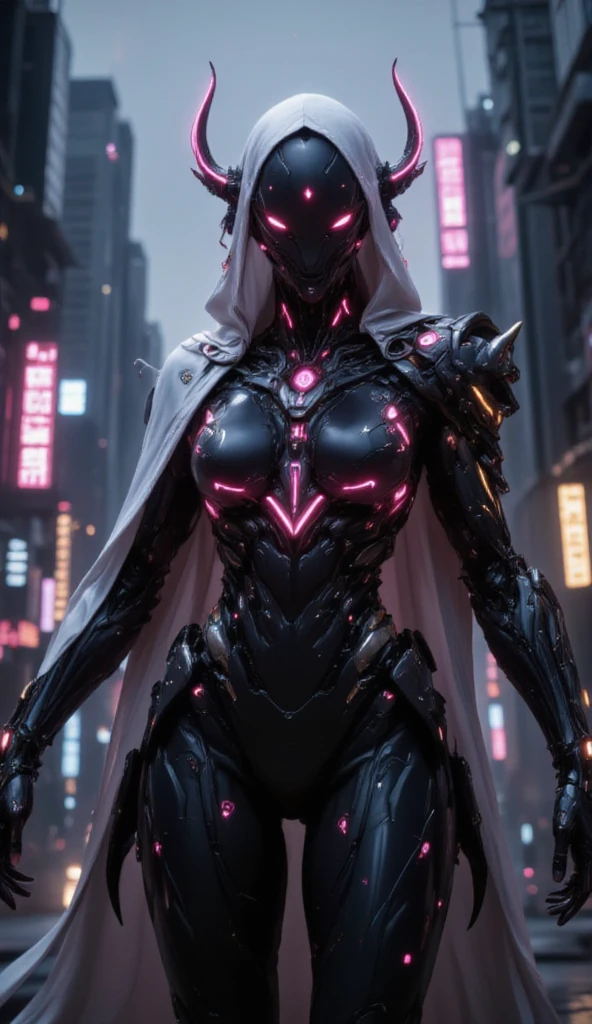 Warframe stands at the forefront of a dystopian metropolis, an exemplary embodiment of cutting-edge artificial intelligence and biomechanical engineering. The humanoid cyborg's sleek, aerodynamic physique is accentuated by a luminous exoskeleton, its surface adorned with vibrant pink neon accents that pulse with an otherworldly energy.

A hooded, silver-white cloak flows behind her, its edges intricately embroidered with cryptic symbols that seem to shimmer in the dim light of the city's towering skyscrapers. Her helmet, a gleaming, featureless visage, is crowned by two delicate, crimson-tipped horns that seem to defy the conventions of traditional cybernetic design.

As the Warframe's gaze falls upon the viewer, the air around her appears to ripple and distort, as if reality itself is being warped by the sheer presence of this advanced being. Her very essence seems to embody the fusion of human ingenuity and technological prowess, a testament to the boundless potential of a future where humanity and machine coexist in perfect harmony.