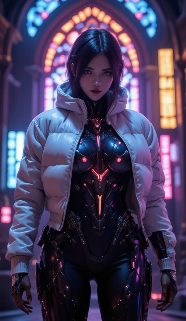 In the world of Warframe, Johanna de Armas emerges as a young woman, her form encased in a neon genesis evangelion style plugsuit, a testament to advanced futuristic exoskeletons. The exosuit, a fusion of futuristic baroque and rococo cyberpunk, is a marvel of design, featuring a white puffer jacket that adds a touch of elegance to her formidable appearance.
She stands in an opulent gothic cyber church, bathed in neon lights that cast dramatic shadows, emphasizing the off-center composition of the scene. The atmosphere is thick with the essence of retro cyberpunk art, reminiscent of the works by Keos Masons, and the painting style of Richard Gerstl, known for his vibrant expressionism and emotive, psychological intensity.
The street art and graffiti around her, with their vibrant colors and urban themes, reflect an 80's inspired synthwave aesthetic. The scene is a tapestry of neon, vibrant, and detailed elements that capture the essence of retro futurism. The shallow depth of field, vignette effect, and highly detailed rendering create a moody, epic atmosphere, reminiscent of a high-budget cinematic production.
The bokeh effect, cinemascope framing, and the addition of film grain give the image a grainy texture, enhancing its cinematic quality and adding to the overall gorgeousness of the scene. This is a world where technology and art collide, creating a visual spectacle that is both intense and beautiful.