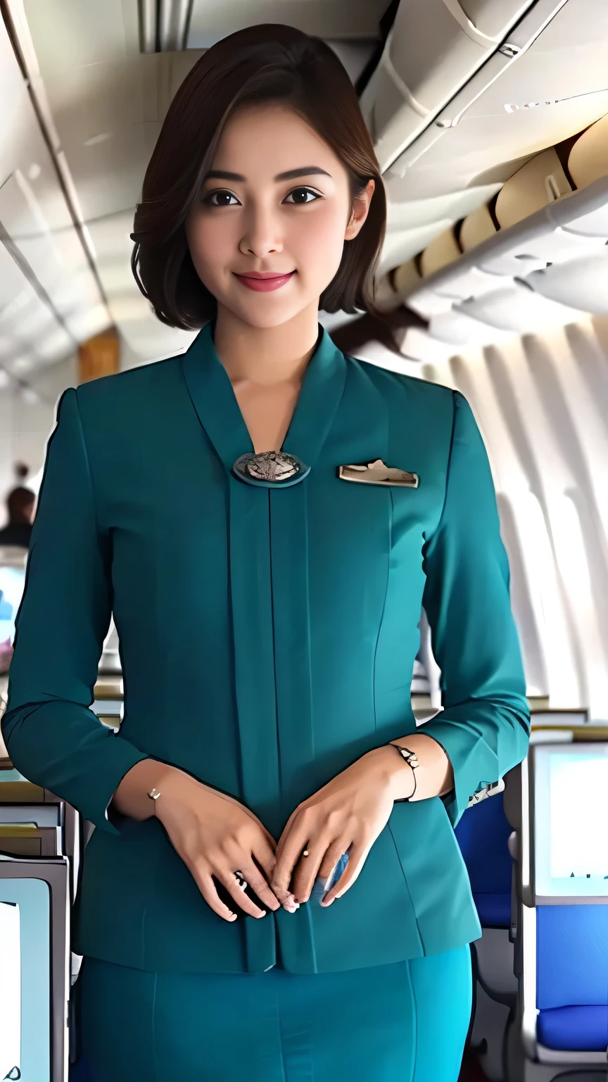 Top Quality, Masterpiece, 8K, Ultra High Definition, (Photorealistic: 1.4), 1 Girl, Beautiful Face, Symmetrical Eyes, Big, Perfect Body Proportions, Stewardess Uniform, Viewer's Look, (Inside the Airplane: 1.2), Front View, Shoulder Jump, Absolute Area (1.3),