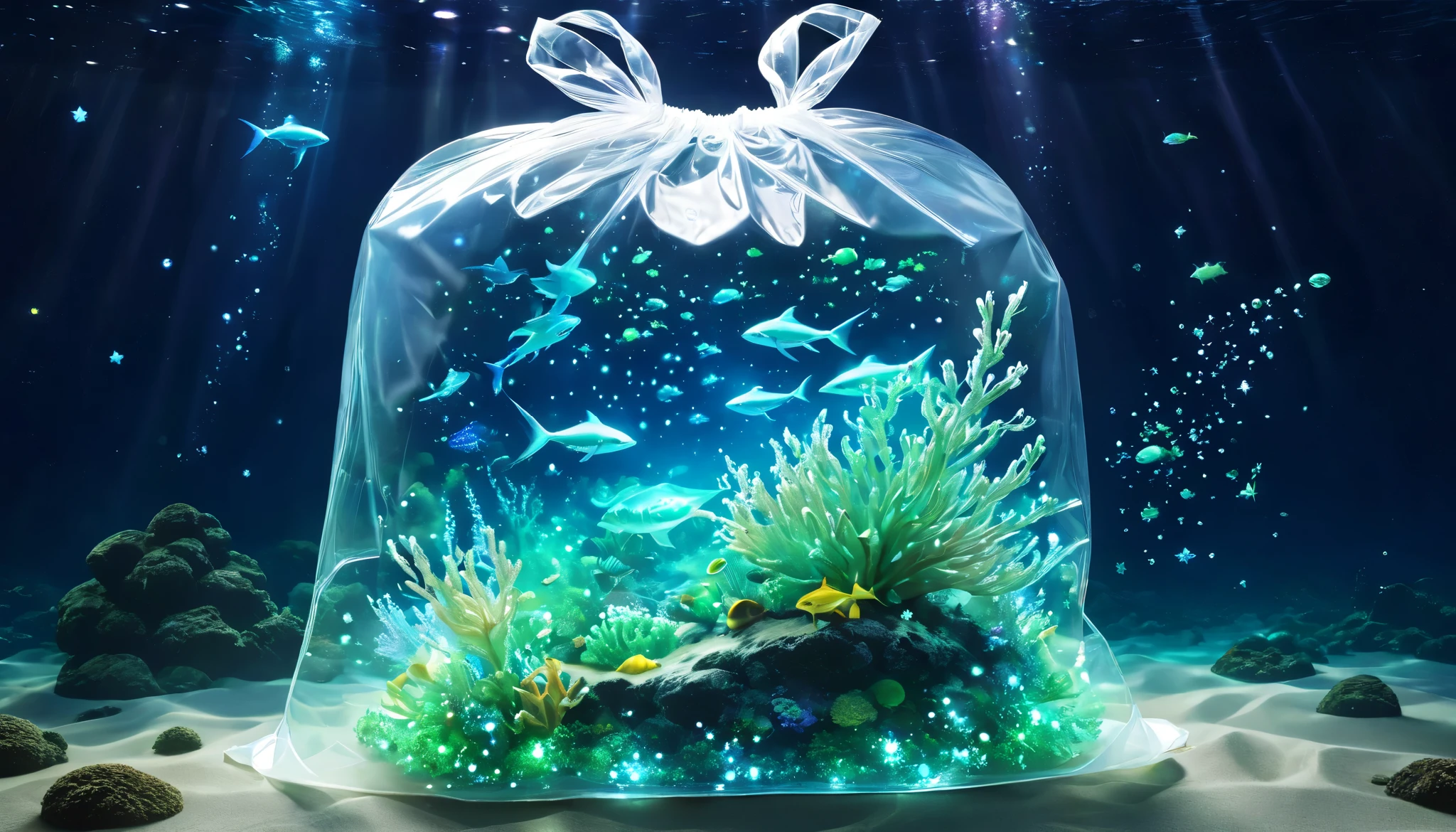 (masterpiece, best quality:1.2),Fantasy Undersea。Glowing stars in a transparent plastic bag。