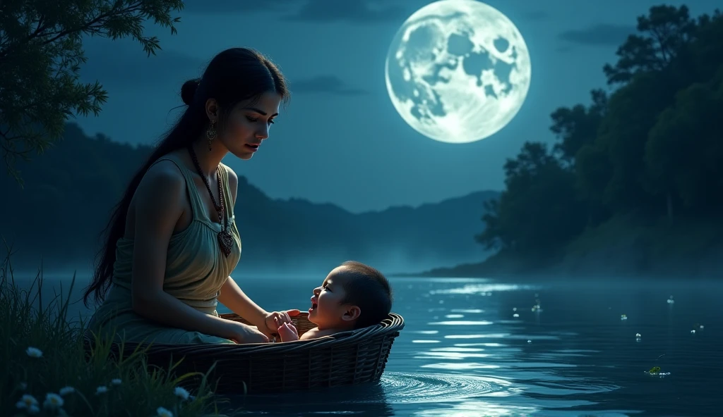 Master masterpieces,high-definition quality,Face HD restoration,a swaddled baby,Lying on a big lotus,floating in the river,Night sky with thunder and lightning,The dragon hovers in the sky,Presenting a purple auspicious atmosphere,