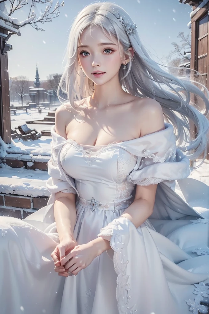 Heavy snowfall,Snowy mountains、White Wolf、 ((Highest quality、masterpiece、8K、Best image quality、Ultra-high resolution、Award-winning works)、(Accurate anatomy:1.1)、(Look at me and smile:1.1)、Shining fair skin with Ultra-high resolution、The most detailed face、Ultra-high resolution detailed face、Short, flowing white hair 、Beautiful face drawn in every detail、(Blurred Background:1.1)、A traditional Russian costume in which the chest is completely covered with fur,A real werewolf next to a girl 