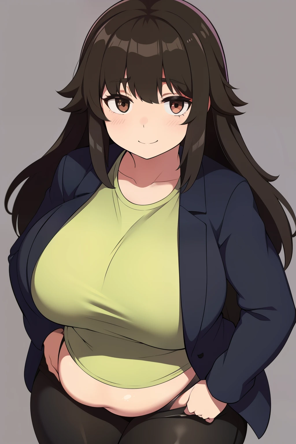 Chubby girl with big breasts brown eyes long and messy black hair smiling Jinako Carigiri 
Jacket with black and white closure and black pants

