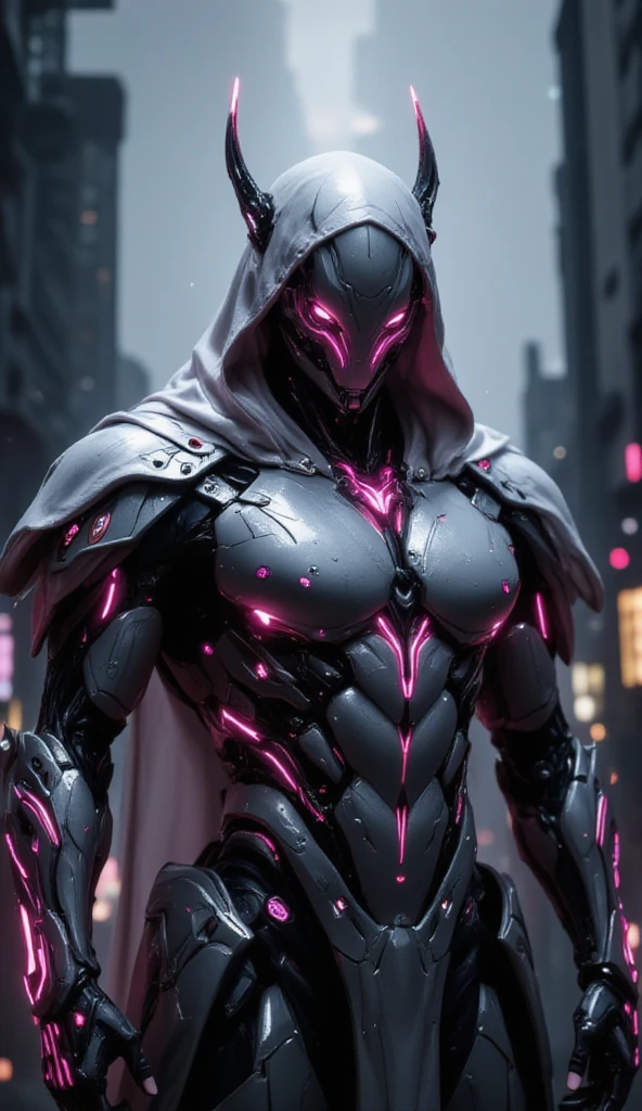 Warframe stands at the forefront of a dystopian metropolis, an exemplary embodiment of cutting-edge artificial intelligence and biomechanical engineering. The humanoid cyborg's sleek, aerodynamic physique is accentuated by a luminous exoskeleton, its surface adorned with vibrant pink neon accents that pulse with an otherworldly energy.

A hooded, silver-white cloak flows behind her, its edges intricately embroidered with cryptic symbols that seem to shimmer in the dim light of the city's towering skyscrapers. Her helmet, a gleaming, featureless visage, is crowned by two delicate, crimson-tipped horns that seem to defy the conventions of traditional cybernetic design.

As the Warframe's gaze falls upon the viewer, the air around her appears to ripple and distort, as if reality itself is being warped by the sheer presence of this advanced being. Her very essence seems to embody the fusion of human ingenuity and technological prowess, a testament to the boundless potential of a future where humanity and machine coexist in perfect harmony.