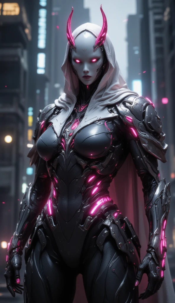 Warframe stands at the forefront of a dystopian metropolis, an exemplary embodiment of cutting-edge artificial intelligence and biomechanical engineering. The humanoid cyborg's sleek, aerodynamic physique is accentuated by a luminous exoskeleton, its surface adorned with vibrant pink neon accents that pulse with an otherworldly energy.

A hooded, silver-white cloak flows behind her, its edges intricately embroidered with cryptic symbols that seem to shimmer in the dim light of the city's towering skyscrapers. Her helmet, a gleaming, featureless visage, is crowned by two delicate, crimson-tipped horns that seem to defy the conventions of traditional cybernetic design.

As the Warframe's gaze falls upon the viewer, the air around her appears to ripple and distort, as if reality itself is being warped by the sheer presence of this advanced being. Her very essence seems to embody the fusion of human ingenuity and technological prowess, a testament to the boundless potential of a future where humanity and machine coexist in perfect harmony.