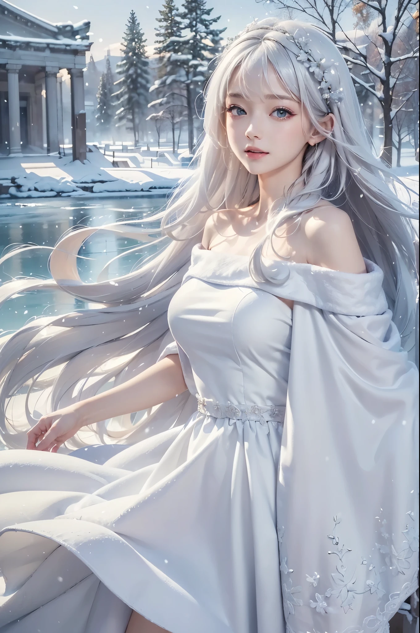 masterpiece, (highest quality: 1.2), (super fine: 1.2), figure, (very delicate and beautiful: 1.2), film angle, floating, (beautiful detail eyes: 1.1), (detail light: 1.1), film light, delicate sky, realistic:1.3, 1girl, white hair, large breasts, winter dress and coats, outdoors, snow falling, off shoulder dress, far corts, ruins
