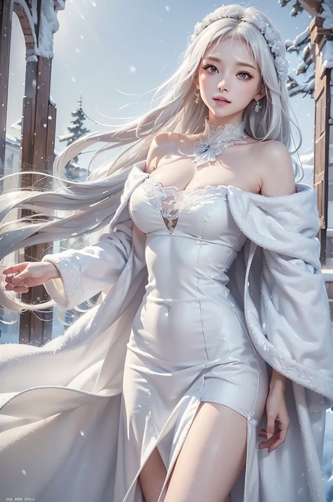 masterpiece, (highest quality: 1.2), (super fine: 1.2), figure, (very delicate and beautiful: 1.2), film angle, floating, (beautiful detail eyes: 1.1), (detail light: 1.1), film light, delicate sky, realistic:1.3, 1girl, white hair, large breasts, winter dress and coats, outdoors, snow falling, off shoulder dress, far corts, ruins
