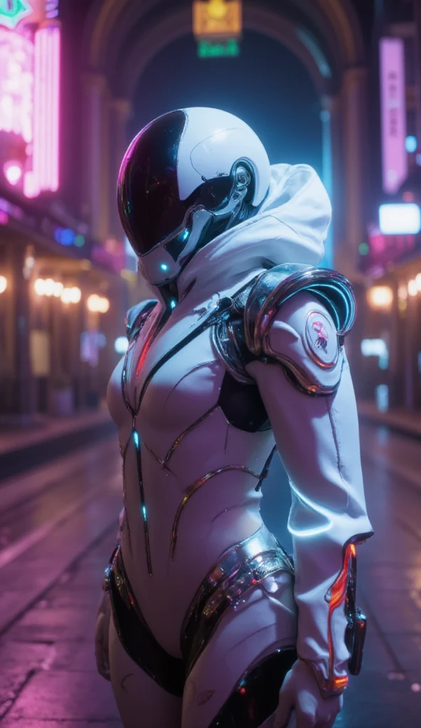 In the world of Warframe, Johanna de Armas emerges as a young woman, her form encased in a neon genesis evangelion style plugsuit, a testament to advanced futuristic exoskeletons. The exosuit, a fusion of futuristic baroque and rococo cyberpunk, is a marvel of design, featuring a white puffer jacket that adds a touch of elegance to her formidable appearance.
She stands in an opulent gothic cyber church, bathed in neon lights that cast dramatic shadows, emphasizing the off-center composition of the scene. The atmosphere is thick with the essence of retro cyberpunk art, reminiscent of the works by Keos Masons, and the painting style of Richard Gerstl, known for his vibrant expressionism and emotive, psychological intensity.
The street art and graffiti around her, with their vibrant colors and urban themes, reflect an 80's inspired synthwave aesthetic. The scene is a tapestry of neon, vibrant, and detailed elements that capture the essence of retro futurism. The shallow depth of field, vignette effect, and highly detailed rendering create a moody, epic atmosphere, reminiscent of a high-budget cinematic production.
The bokeh effect, cinemascope framing, and the addition of film grain give the image a grainy texture, enhancing its cinematic quality and adding to the overall gorgeousness of the scene. This is a world where technology and art collide, creating a visual spectacle that is both intense and beautiful.