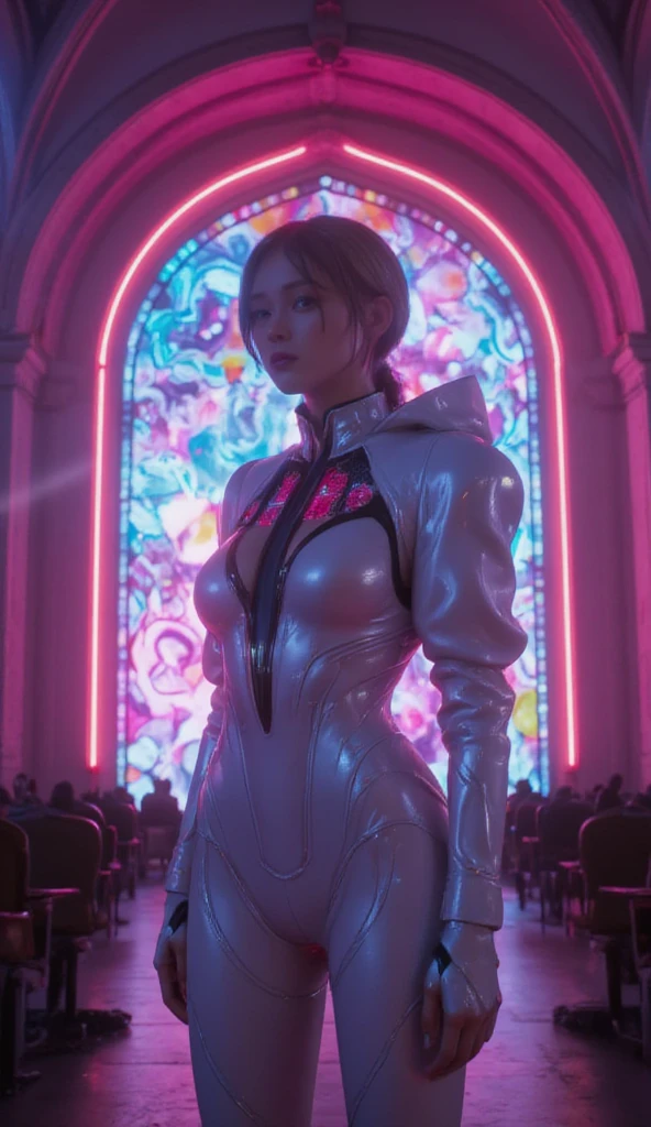 In the world of Warframe, Johanna de Armas emerges as a young woman, her form encased in a neon genesis evangelion style plugsuit, a testament to advanced futuristic exoskeletons. The exosuit, a fusion of futuristic baroque and rococo cyberpunk, is a marvel of design, featuring a white puffer jacket that adds a touch of elegance to her formidable appearance.
She stands in an opulent gothic cyber church, bathed in neon lights that cast dramatic shadows, emphasizing the off-center composition of the scene. The atmosphere is thick with the essence of retro cyberpunk art, reminiscent of the works by Keos Masons, and the painting style of Richard Gerstl, known for his vibrant expressionism and emotive, psychological intensity.
The street art and graffiti around her, with their vibrant colors and urban themes, reflect an 80's inspired synthwave aesthetic. The scene is a tapestry of neon, vibrant, and detailed elements that capture the essence of retro futurism. The shallow depth of field, vignette effect, and highly detailed rendering create a moody, epic atmosphere, reminiscent of a high-budget cinematic production.
The bokeh effect, cinemascope framing, and the addition of film grain give the image a grainy texture, enhancing its cinematic quality and adding to the overall gorgeousness of the scene. This is a world where technology and art collide, creating a visual spectacle that is both intense and beautiful.