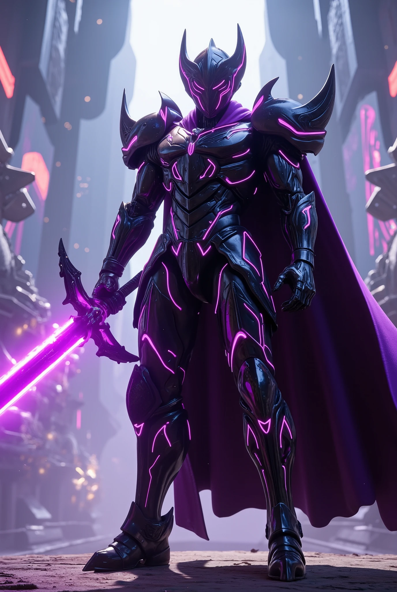 unreal engine, a full armor mecha paladin, he wear a black metal armor with glittering purple neon light and purple cloak, he holding a great sword with bright purple neon light, fighting stance, cinematic lighting, sharp focus, metal reflection