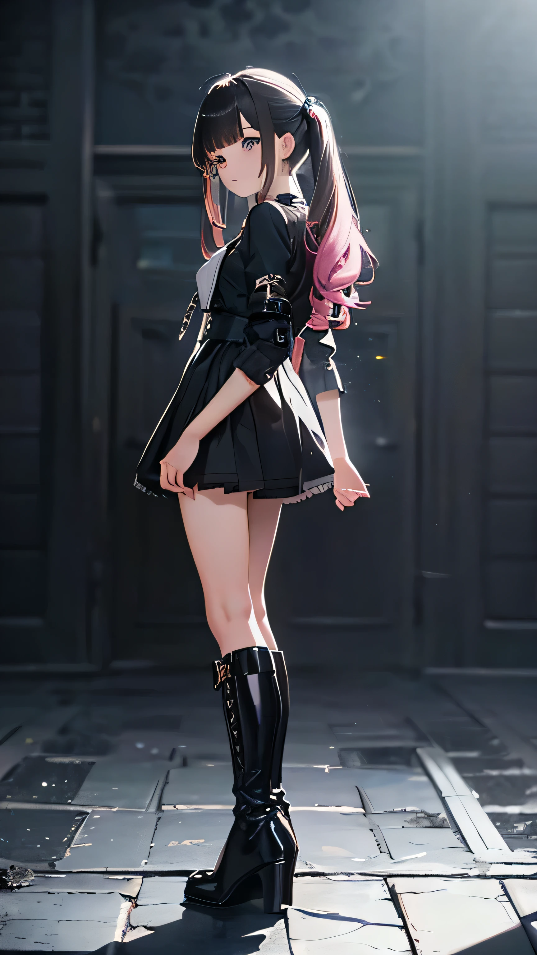 (masterpiece, super detailed ,In 8K, best composition, moody lighting, photorealistic, dynamic shot:1.5),standing、full body、from front、looking back、sad,jitome, pink twin tails,blunt bangs、 Thin-lipped frown,Accurate Eyes、 beautiful eyes、,Pink and black color fashion,Jirai fashion with very delicate details,Black platform high boots, beautiful long legs ,no background