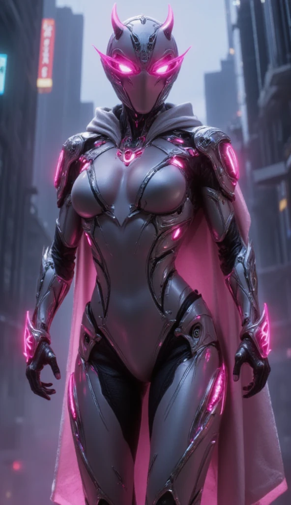 Warframe stands at the forefront of a dystopian metropolis, an exemplary embodiment of cutting-edge artificial intelligence and biomechanical engineering. The humanoid cyborg's sleek, aerodynamic physique is accentuated by a luminous exoskeleton, its surface adorned with vibrant pink neon accents that pulse with an otherworldly energy.

A hooded, silver-white cloak flows behind her, its edges intricately embroidered with cryptic symbols that seem to shimmer in the dim light of the city's towering skyscrapers. Her helmet, a gleaming, featureless visage, is crowned by two delicate, crimson-tipped horns that seem to defy the conventions of traditional cybernetic design.

As the Warframe's gaze falls upon the viewer, the air around her appears to ripple and distort, as if reality itself is being warped by the sheer presence of this advanced being. Her very essence seems to embody the fusion of human ingenuity and technological prowess, a testament to the boundless potential of a future where humanity and machine coexist in perfect harmony.