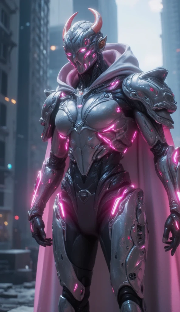 Warframe stands at the forefront of a dystopian metropolis, an exemplary embodiment of cutting-edge artificial intelligence and biomechanical engineering. The humanoid cyborg's sleek, aerodynamic physique is accentuated by a luminous exoskeleton, its surface adorned with vibrant pink neon accents that pulse with an otherworldly energy.

A hooded, silver-white cloak flows behind her, its edges intricately embroidered with cryptic symbols that seem to shimmer in the dim light of the city's towering skyscrapers. Her helmet, a gleaming, featureless visage, is crowned by two delicate, crimson-tipped horns that seem to defy the conventions of traditional cybernetic design.

As the Warframe's gaze falls upon the viewer, the air around her appears to ripple and distort, as if reality itself is being warped by the sheer presence of this advanced being. Her very essence seems to embody the fusion of human ingenuity and technological prowess, a testament to the boundless potential of a future where humanity and machine coexist in perfect harmony.