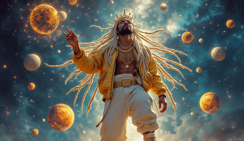 "Imagine God as a cosmic rapper, creating the world in an epic performance full of style and energy. He has long, voluminous, silvery hair, tied in dreadlocks or modern braids that sway with every movement. His beard, equally styled, is very manicured and sculpted, with sharp lines and a touch of shiny silver, adding an urban celestial vibe. Her eyes shine in shades of electric blue or gold, radiating creativity and divine authority, while her expression is full of energy. confidence, with a slight defiant smile.  

Her outfit is a fusion of the celestial and the modern: an oversized gold bomber jacket with glittering details reminiscent of stars, paired with baggy white pants and shiny sneakers that look like they're made of pure light. He wears accessories such as thick gold chains with pendants that symbolize the universe, and a tilted hip-hop style crown, radiating an aura of power and charisma.  

In the scene, God is standing on a cosmic stage, microphone in one hand and the other outstretched, as if he is 'rhyming' the universe into existence. The words come out of the microphone in the form of light waves that transform into planets, stars and galaxies in the air. The background is a pulsating cosmic light show, with universal beats echoing as he creates the world with perfect rhymes and synchronized gestures. His pose is confident and full of attitude, like a cosmic hip-hop maestro, bringing order to chaos with style and genius."