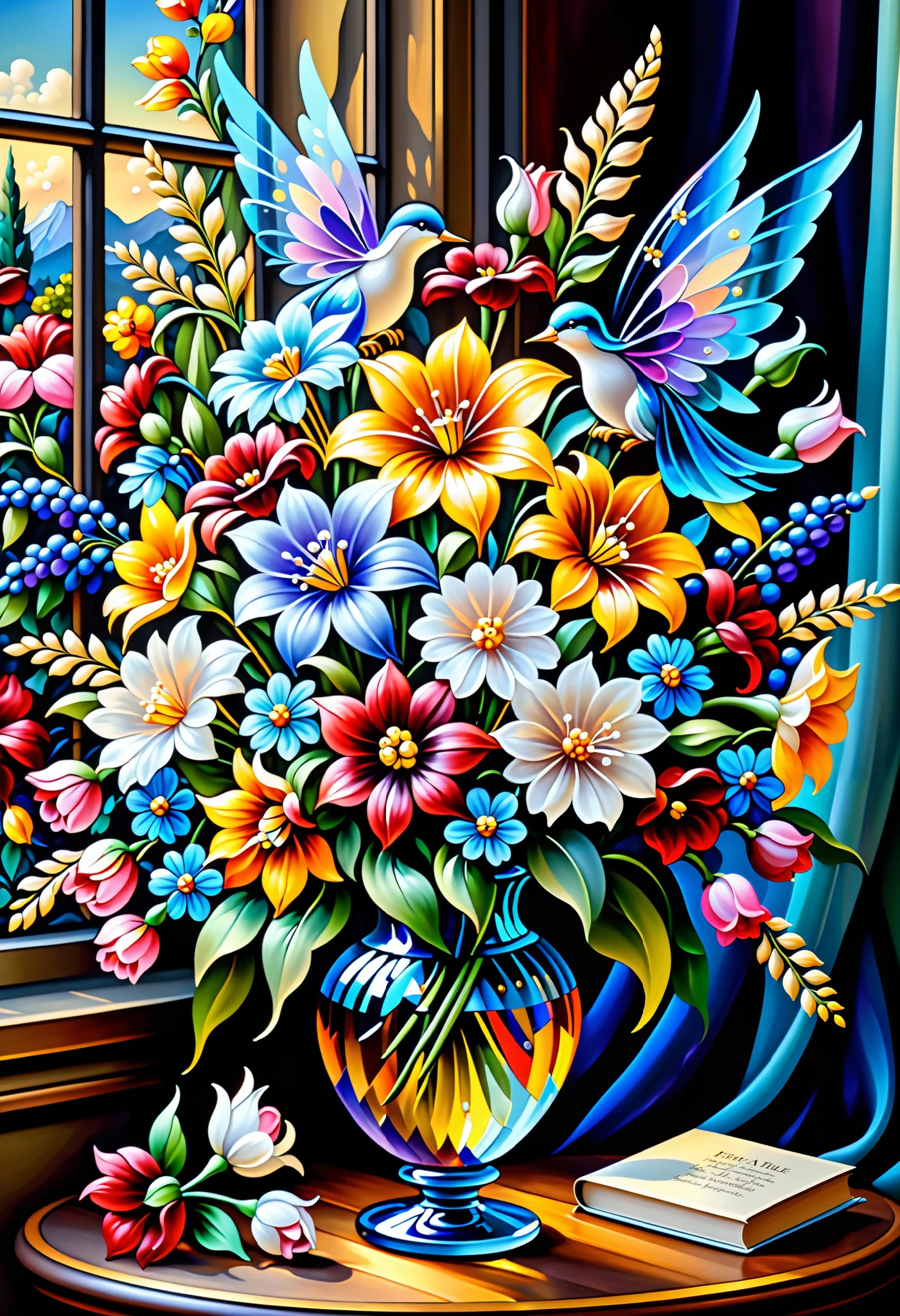 Fairy tale style, oil style ,  Cartoon Style , best,  A beautiful bouquet of flowers,  Woven By Angels ,  Every Flower , Radiates Color ,  Glass Art , mysteriously,  as much detail as possible ,  masterpiece fails, 8 k,  complex details ,  better quality ,