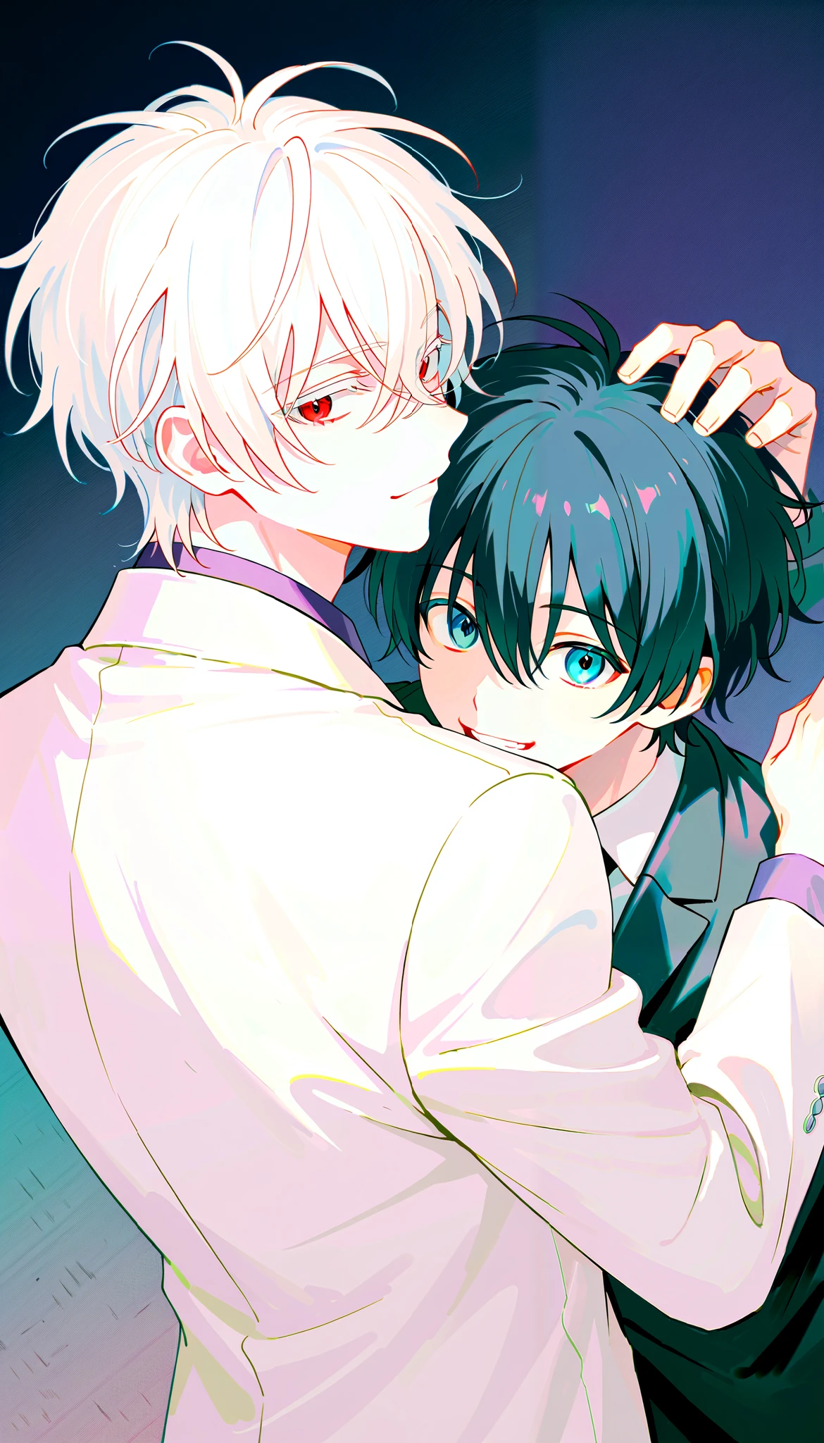 (((( 2 guys:1.6)))), perfect face, beautiful faces, very detailed face ,( Man with short black hair:1.4),(Man with short white hair :1.4)、flower、suit