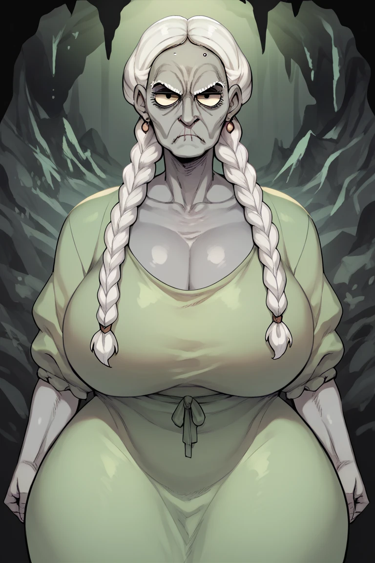 An elderly woman, gigantic boobs, gigantic ass,grey skin,white hair,braids, revealing rags,green rags, serious face,front view,dark grey cave,