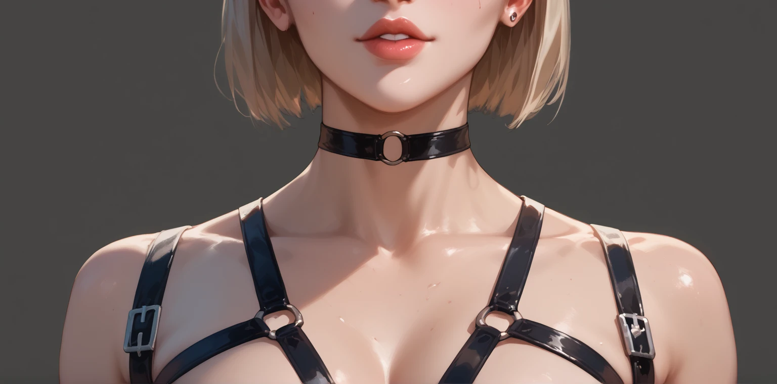  portrait of a cyber girl with implants, mechanical eyes ,  with a harness and an interesting background  