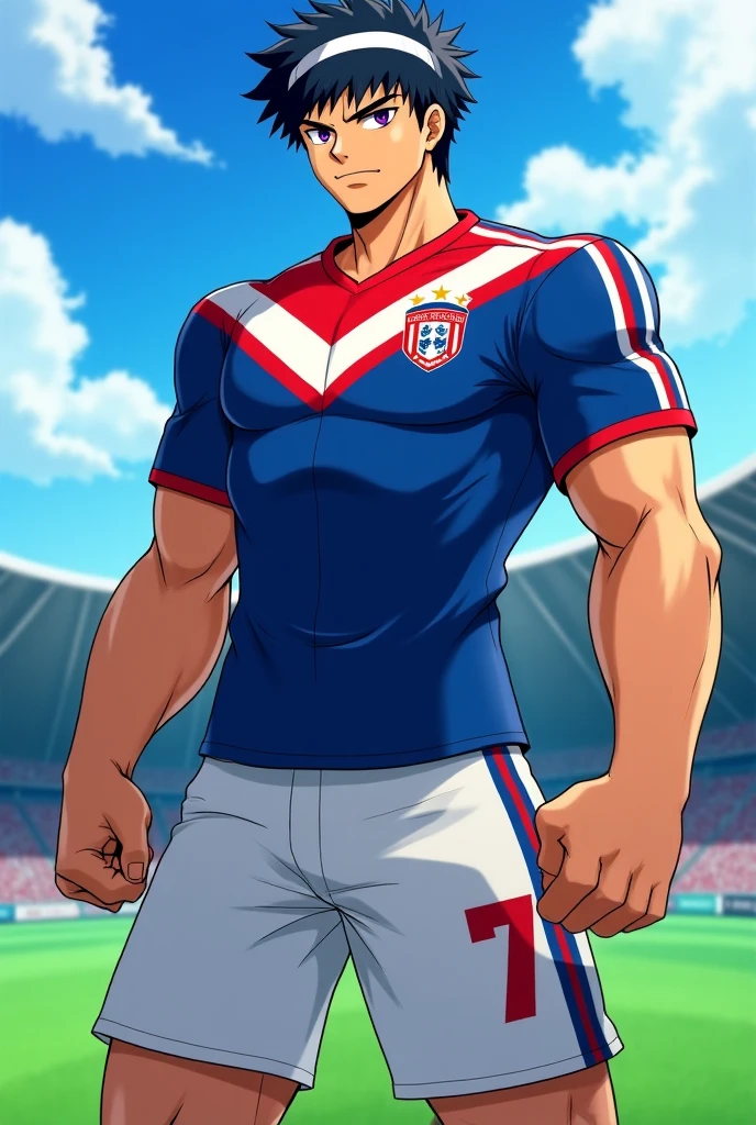 score_9, score_8_up, score_7_up, score_6_up, perfect , perfect proportions, best quality, masterpiece, high_resolution, high quality, aesthetic, absurdres, (male focus), solo male, adult, mature, masculine, manly, handsome, charming, alluring, cowboy shot, dutch angle, source_game \(Tokyo Afterschool Summoners\), official style, by Syukou Akanaru, Gunzo, TASGunzo, brown hair, short hair, thick eyebrows, sideburns, facial hair, stubble, scar on right cheek, brown eyes, Gunzo_outfit01, rugby jersey, red jersey, short sleeves, black wrist tape, white rugby shorts, white rugby socks, blue rugby shoes, outdoor, rugby field, sweaty, heavy breathing, Legion ghosts, blue ghosts, spirit