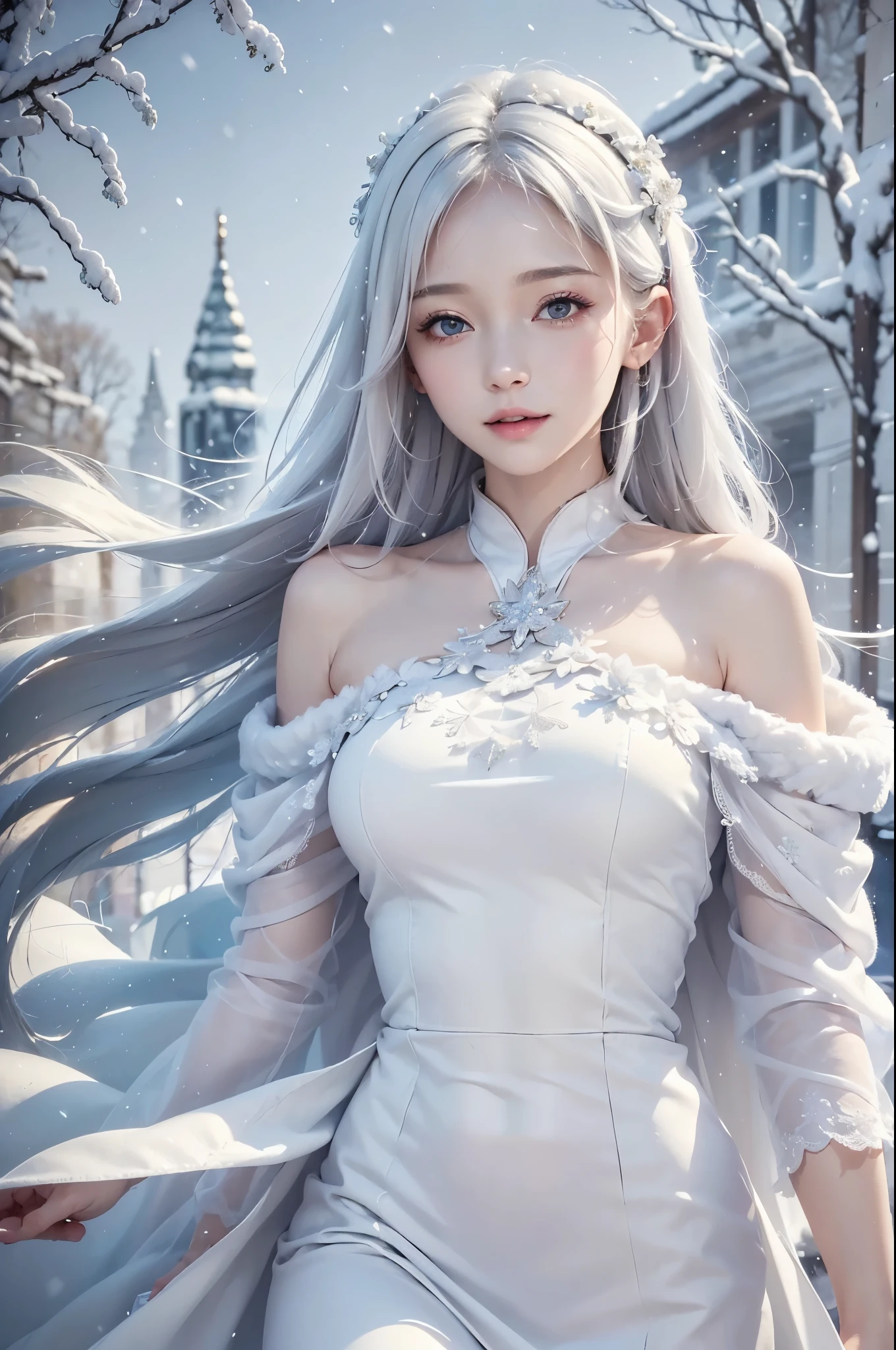 masterpiece, (highest quality: 1.2), (super fine: 1.2), figure, (very delicate and beautiful: 1.2), film angle, floating, (beautiful detail eyes: 1.1), (detail light: 1.1), film light, delicate sky, realistic:1.3, 1girl, white hair, large breasts, winter dress and coats, outdoors, snow falling, off shoulder dress, far corts, ruins