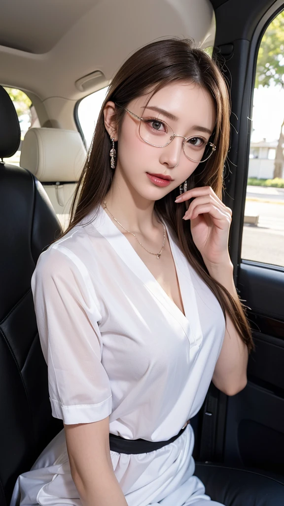 (((1 person:1.3))), mature woman,masterpiece, slim slender, realistic, adult sex appeal, perfect body, beautiful faces,Facial beauty, Japanese women,office uniform,suit,Sit in the back seat,Black Glasses, necklace, earrings for women with first name,lipstick,Makeup,Seat belts