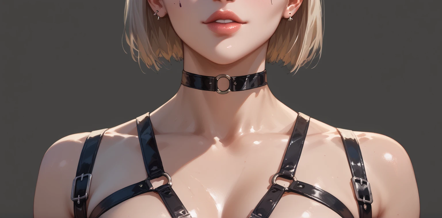  portrait of a cyber girl with implants, mechanical eyes ,  with a harness and an interesting background  