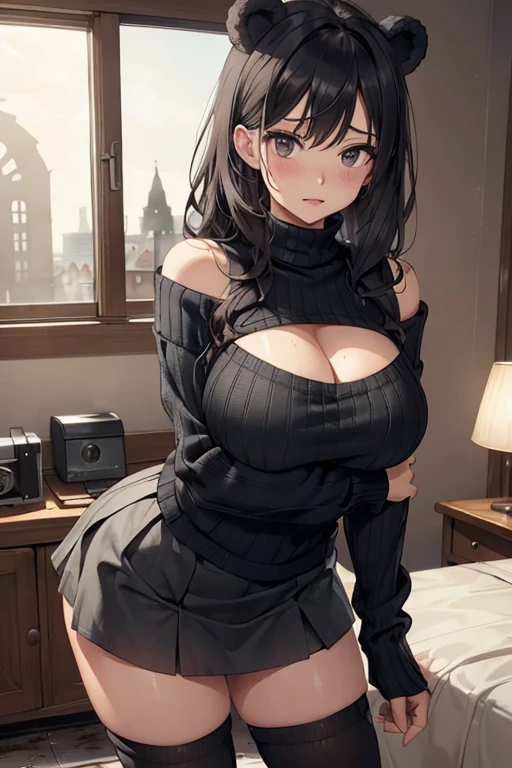 (( top quality )), ((masterpiece)), (  Details), 1 person,Age 25,( black knitted sweater),( miniskirt),  Shoulder Bear ,Big Breasted ,, underbust,(  I can see my cleavage ),( excited expression),(Seduce),  knight ,indoor,Ruins,  knight のRuins, Dim lighting ,(In a dimly lit room),( Inside a Messy Room ),  be careful , sexy,dirty,sweat,( Black Knee High Socks ),