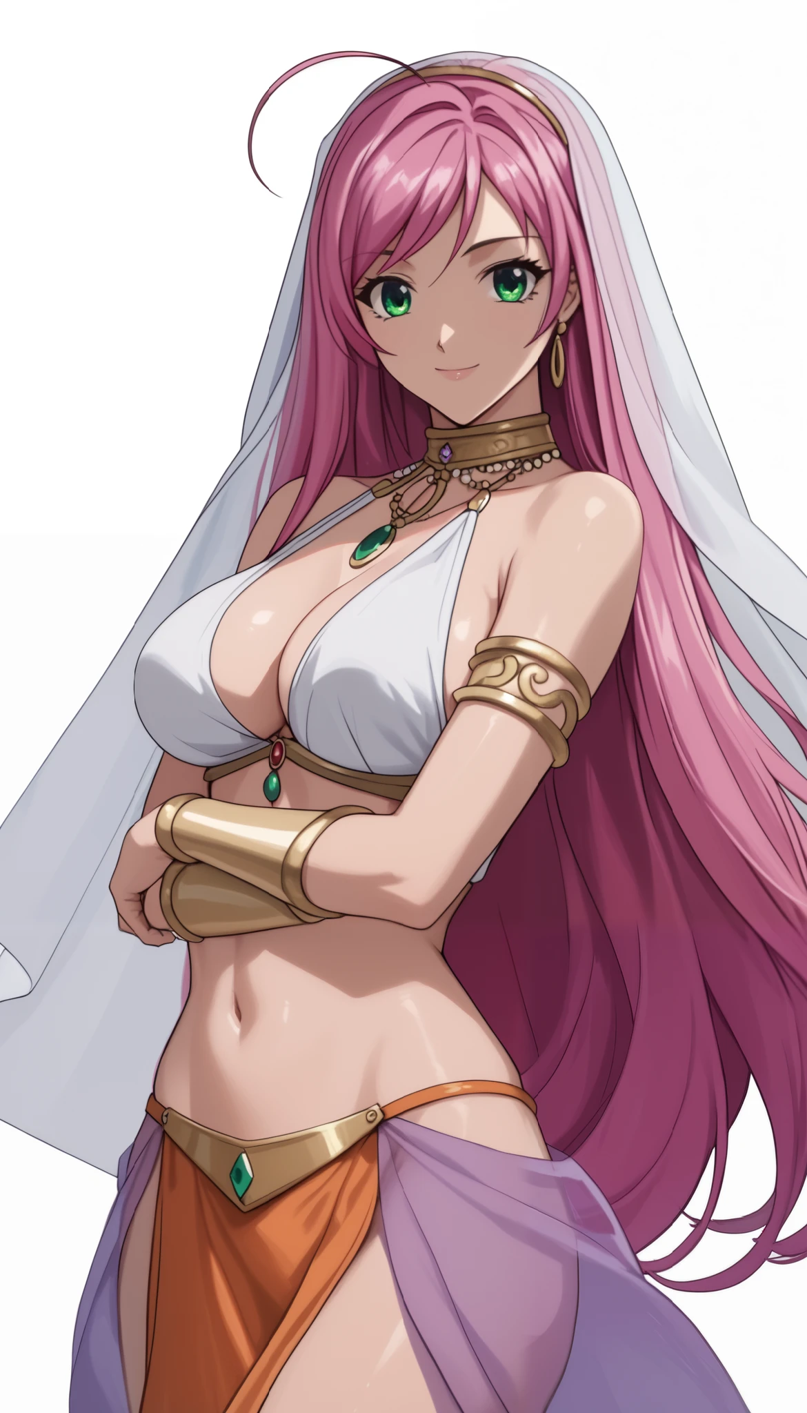 normal moka akashiya, long hair, green eyes, pink hair, ahoge, large breasts, arabian clothes, dancer, belly dancing, veil, armlet,, light smile,Shiny Hair、Tight waist、Small waist、Glowing Skin、(white background:1.2)、eight-headed body、Beauty、