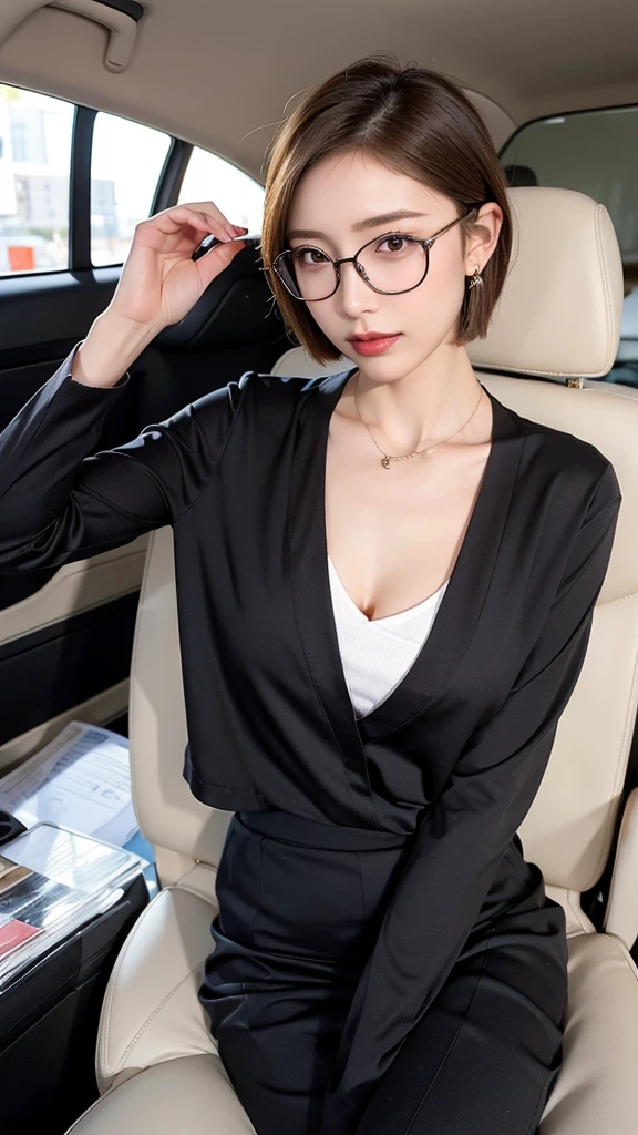 (((1 person:1.3))), mature woman,masterpiece, slim slender, realistic, adult sex appeal,,Ultra short hair, perfect body, beautiful faces,Facial beauty, Japanese women,office uniform,suit,Sit in the back seat,Black Glasses, necklace, earrings for women with first name,lipstick,Makeup,