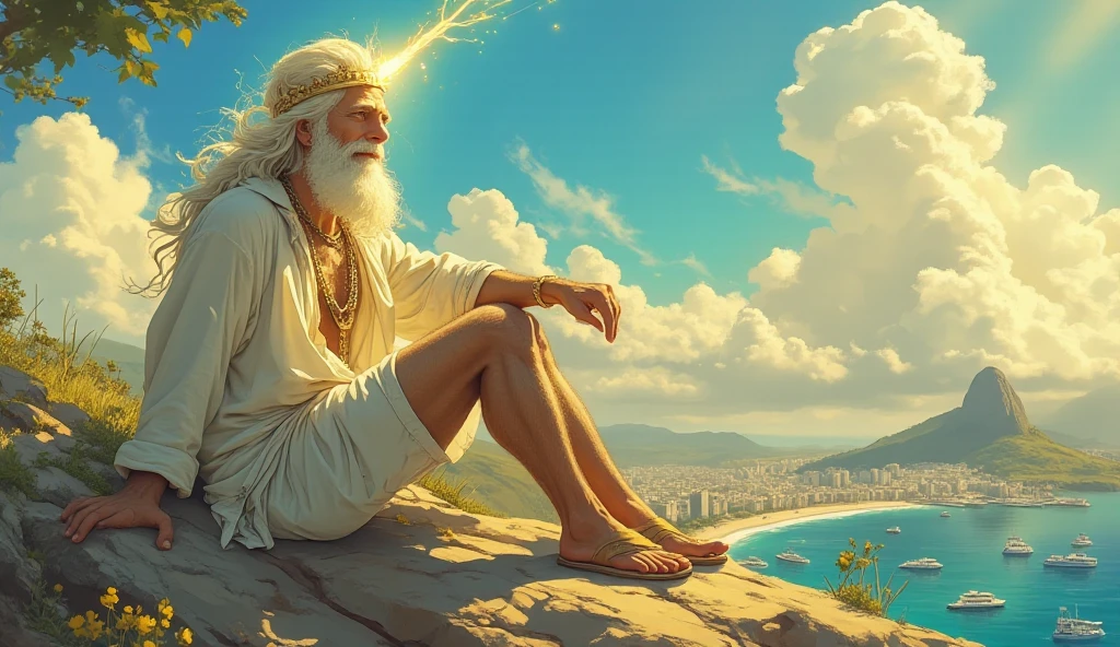 "Draw God as a carioca, conveying a relaxed, welcoming and charismatic energy. He should have long, wavy white hair, as if reflecting the sunlight, and a well-groomed white beard, both with a subtle golden glow that symbolizes his divinity. His face displays a calm and expressive smile, with gentle features and a look that conveys wisdom and closeness.  

Wear it with an open white linen shirt and shorts in light tones, such as sand or blue, evoking the lightness and style of Rio de Janeiro's beaches. On his feet, he wears simple sandals, connected with the land and the sea. A crown of golden light floats over his head, discreet and bright like the Rio sun.  

In the scene, God is sitting on a rock at the top of a hill, overlooking Sugarloaf Mountain, the blue sea and Christ the Redeemer in the background. . The composition must capture the fusion between divine majesty and Rio's ginga, full of lightness, joy and closeness."