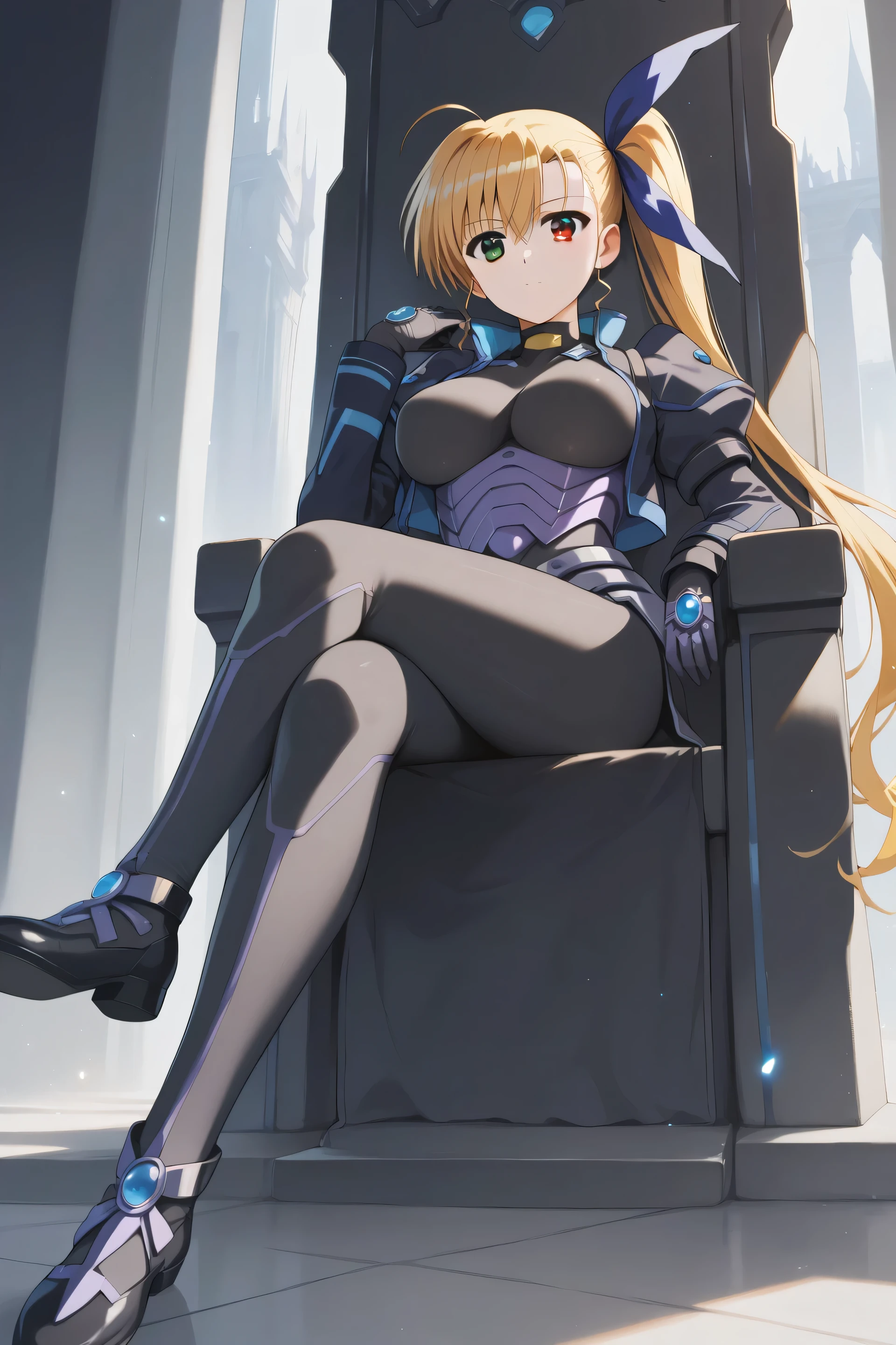 score_9, score_8_up, score_7_up, score_6_up, score_5_up, score_4_up, source_anime, bbvivio, aged up, long hair, blonde hair, ahoge, side ponytail, hair ribbon, heterochromia, large breasts, black bodysuit, cropped jacket, black jacket, puffy sleeves, long sleeves, black gloves, armor, sitting, throne, black footwear, crossed legs,