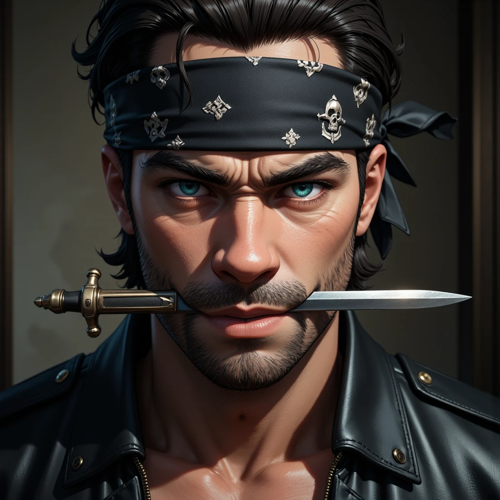 ((Masterpiece)), (ultra-detailed), (photo-realistic), (8k resolution), A **portrait photo** of a **badass man** wearing an **open-button black leather jacket**, a **bandana with a skull ornament**, and **black sunglasses**. He grips a **dagger Horizontally in his mouth** with a **serious and intense expression**, his **face highly detailed**, showcasing realistic **skin pores** and rugged facial textures. The shot is a **cinematic close-up**, with dramatic **lighting** that casts sharp shadows, enhancing his fierce and unapologetic attitude. The background is minimal and slightly blurred, ensuring the focus remains entirely on his commanding presence. **(badass male, leather jacket, cinematic portrait, detailed face, intense expression, 8k ultra-quality)**. 