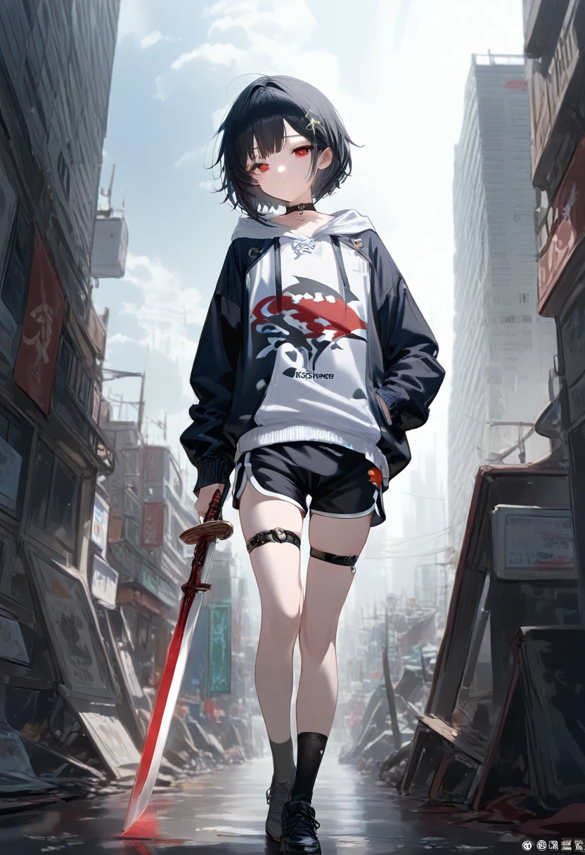 ((최고의 품질)), ((걸작)), (상세한), 완벽한 얼굴, SOLO, 1 BOY, SHOTA, ANIME, beautiful detailed eyes, BOB hair, BLACK hair, red EYES, BARE thighs, (((BARE LEG))), ((BLACK Dolphin shorts)), (((Hoodie))), Flat chest, Choker, expressionless, (Thigh strap),RUIN CITY, building, ((DICK)), (black Socks),((sword))