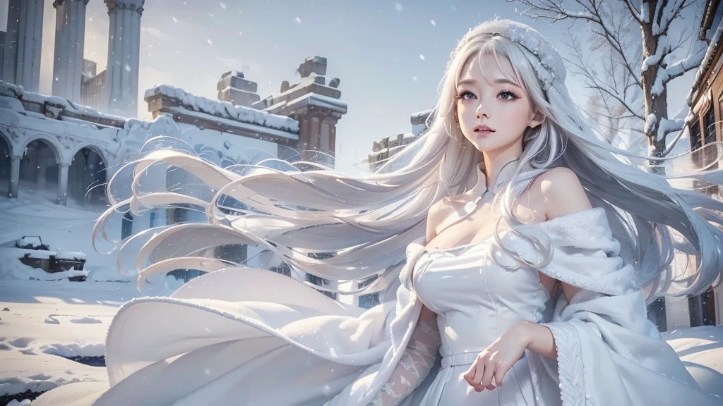 ((Above the knee images:1.5、Zoom out))((masterpiece:1.5、8k、Tabletop、フォトリアリスティックでVery detailedなCG、Very detailed、Particle Effects、Dynamic Effects、Shallow depth of field、Cinematic Light、Lens flare、Ray Tracing、Tabletop、Realistic:1.4、Ultra-high resolution:1.2、Realistic、Realistic))((alone, 1 girl、A woman wearing a white cashmere coat over an off-the-shoulder dress:1.4、Elegant woman posing、Detailed face、bright表情、young, bright, Whiter skin、Mid-chest、Beautiful cleavage、Narrow waist、Best Looks、Asian、Ultimate beauty、bright and shiny hair,、Super long, Silky straight hair、Hair dancing in the wind))(morning、The setting is a snow-covered temple、Crystal of snow)((Shiny white hair))