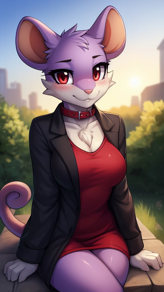 By zinfyu,by twistedscarlet60, uploaded on pixiv, by fluff-kevlar, solo female, female anthro rat, (highly detailed beautiful face and eyes)absurdres, perfect anatomy, (masterpiece), (best quality), (solo female:1.2), (extremely detailed:1.3), Sharp:1.2, (detailed eye,red eye),BREAK, rattata, from pokemon, detailed fur, fluffy fur, beautiful face,  cute face, soft face, perfect figure beautiful woman:1.4, Hourglass body:1.2, tail,slim, beautiful eyelashes, long eyelashes, View on viewer,  mature woman ,shy face, looking on viewer, focus on face, close up,  blush, red collar, shy smile, view on viewer, dusk, garden, medium breast, wear black jacket, red tshirt 