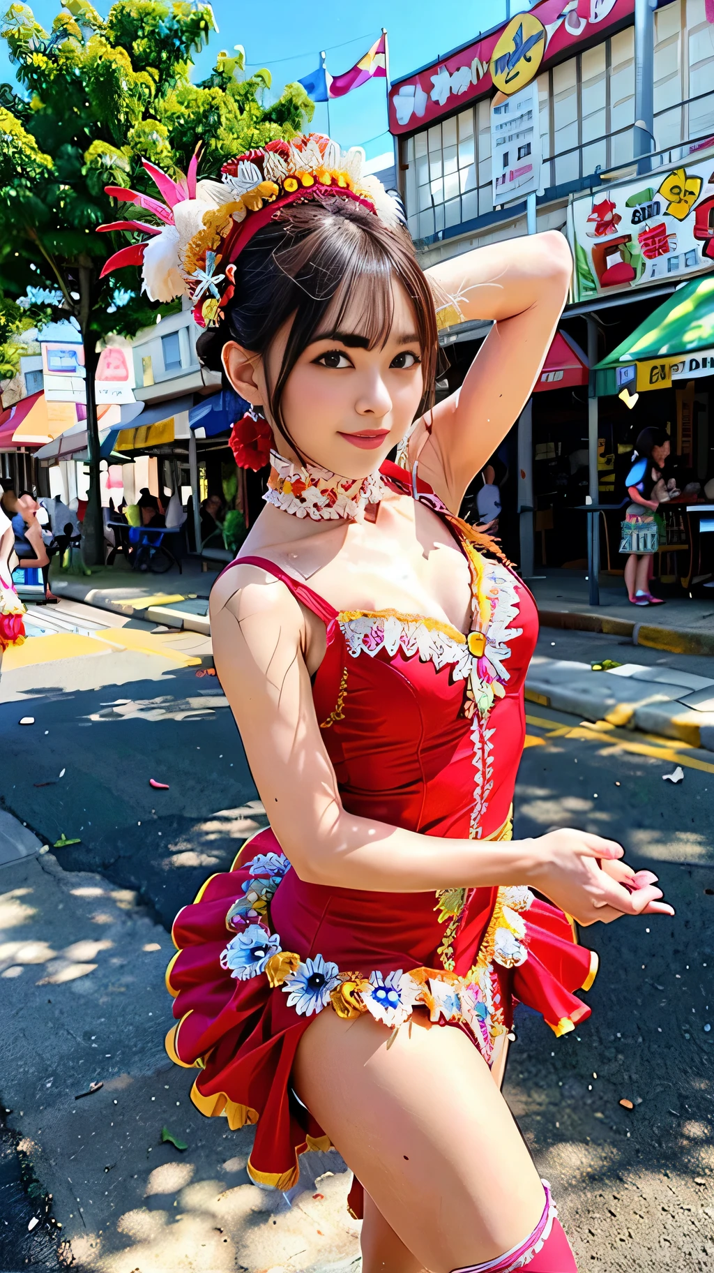 ( Samba Dance Dress:1.3)、（carnival ）、（（ high leg ））、 headdress、feather、 dress is mostly pink 、woman、K-POPアイドル、Short Hair、（ blue eyes）、 Street dancing samba  、（Perfect fingers）、 high res、​masterpiece、 top quality 、頭w:1.3、(( Hasselblad Photo ))、（ girl field 50mm lens）、 body bones protrude 、Brown Hair、 it's fun to dance samba 、 best smile 、highlydetailed skin、 very white skin 、 sharp focus 、( movie lighting)、 soft lighting on the body、dynamic ungle、[:( detailed face :1.2):0.2]、 medium breasts、 stares at viewers