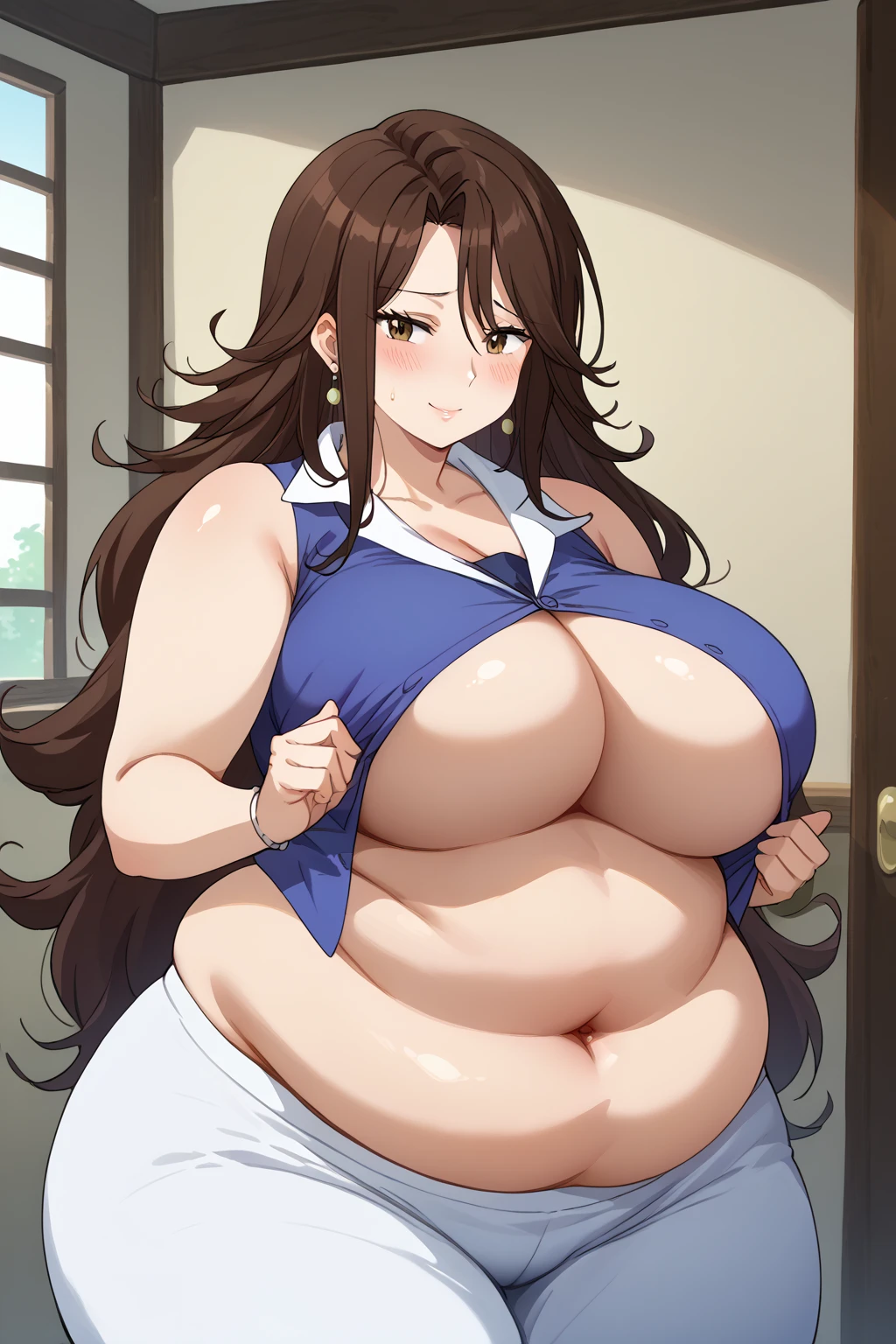  Sumeragi Lee Noriega ,  Sumeragi Lee Noriega ,blue shirt, sleeveless ,White trousers,Exposed navel,Obese middle-aged woman, troubled expression, embarrassing expression ,milf, chubby, king bang , score_9,  score_8_ up、 score_7_ up、 score_6_ up、 score_5_ up、 score_4_ up、 masterpieces at the front door of the house、 top quality , very aesthetic,  absurd、 Source_ anime anime screencap,  one woman、Alone、 personal  、 brown eyes、 brown hair 、 long hair、Super huge breasts,  super huge clevis、Super huge, Super huge boob,Curvy、 wide hips、 